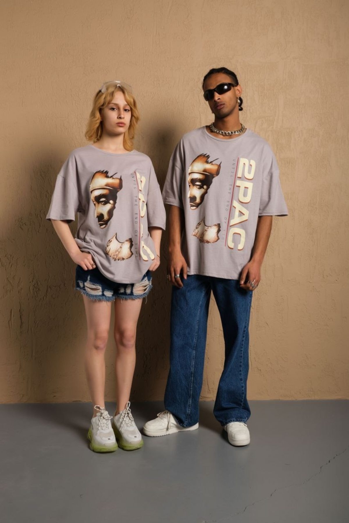 2pac Baskılı Oversize %100 Pamuk Taş Rengi Unisex T-shirt