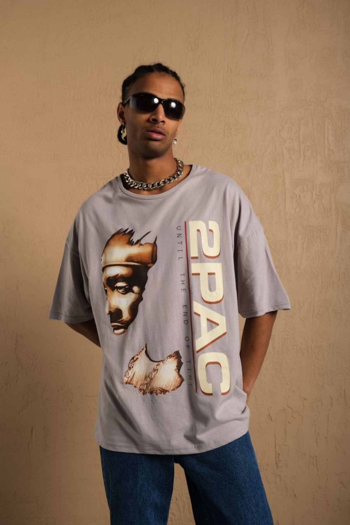 2pac Baskılı Oversize %100 Pamuk Taş Rengi Unisex T-shirt