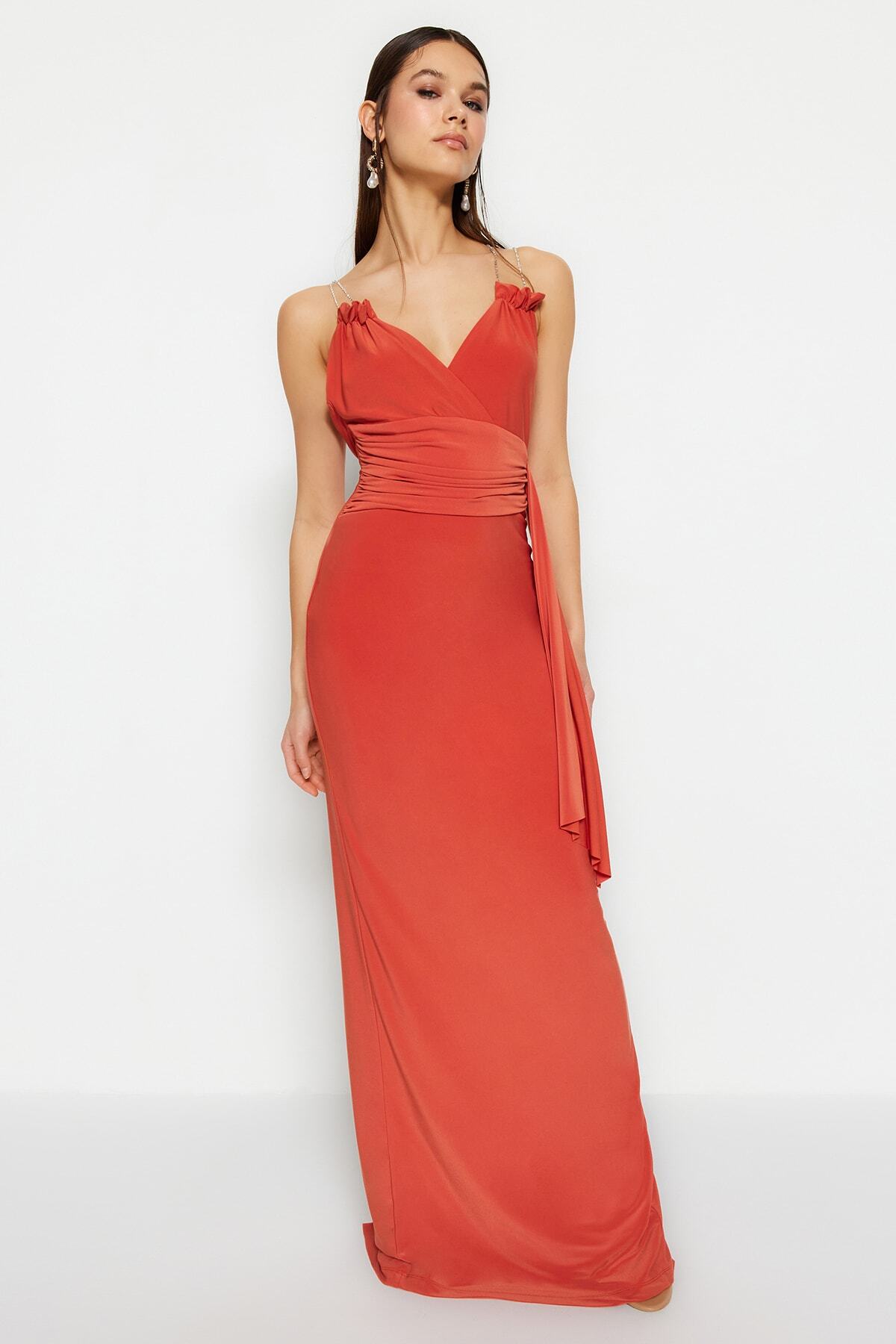 Trendyol Collection-Dlaždice upnuté pletené světlé dlouhé večerní šaty zdobené drahokamy TPRSS23AE00249 4
