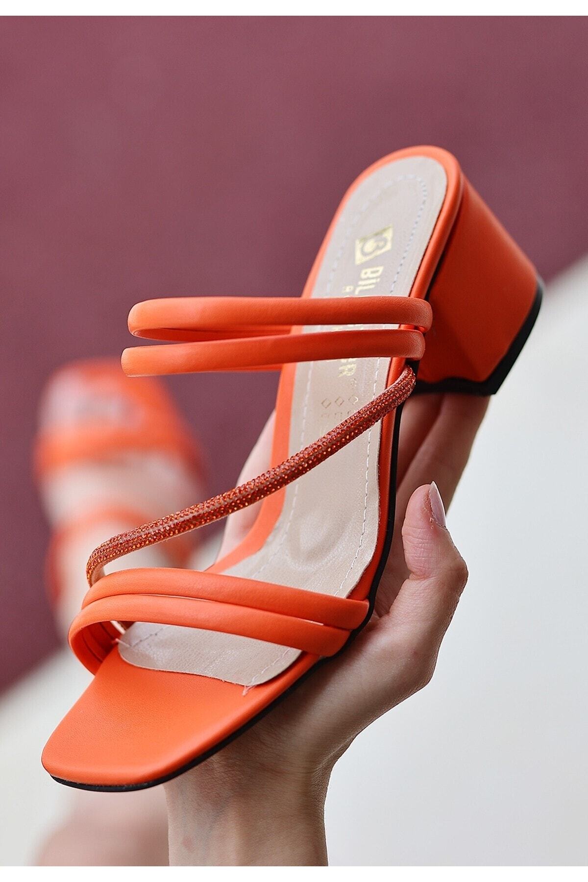 Sarai Turuncu Cilt Boncuklu Topuklu Terlik