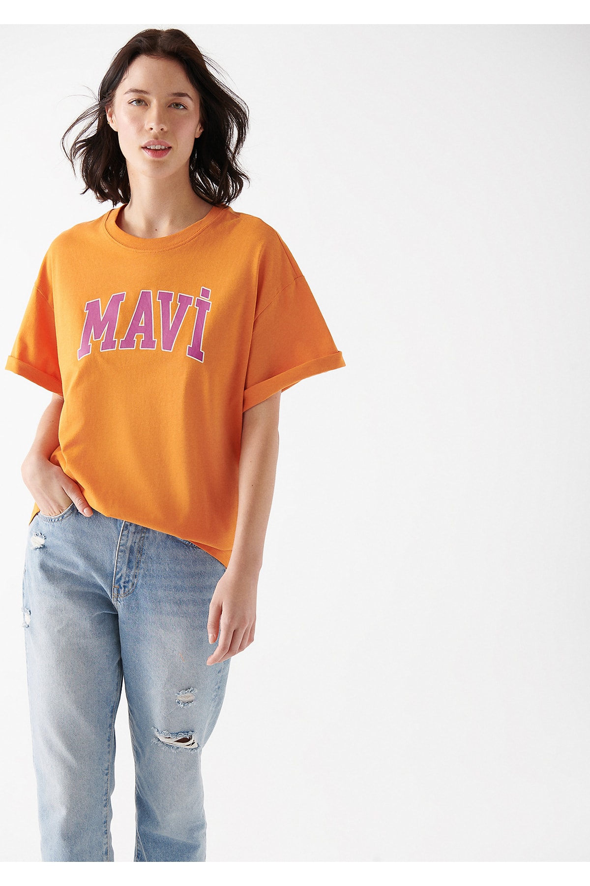 Mavi تی شرت چاپ شده با لوگو نارنجی سایز بزرگ / برش عریض 1600843-71424