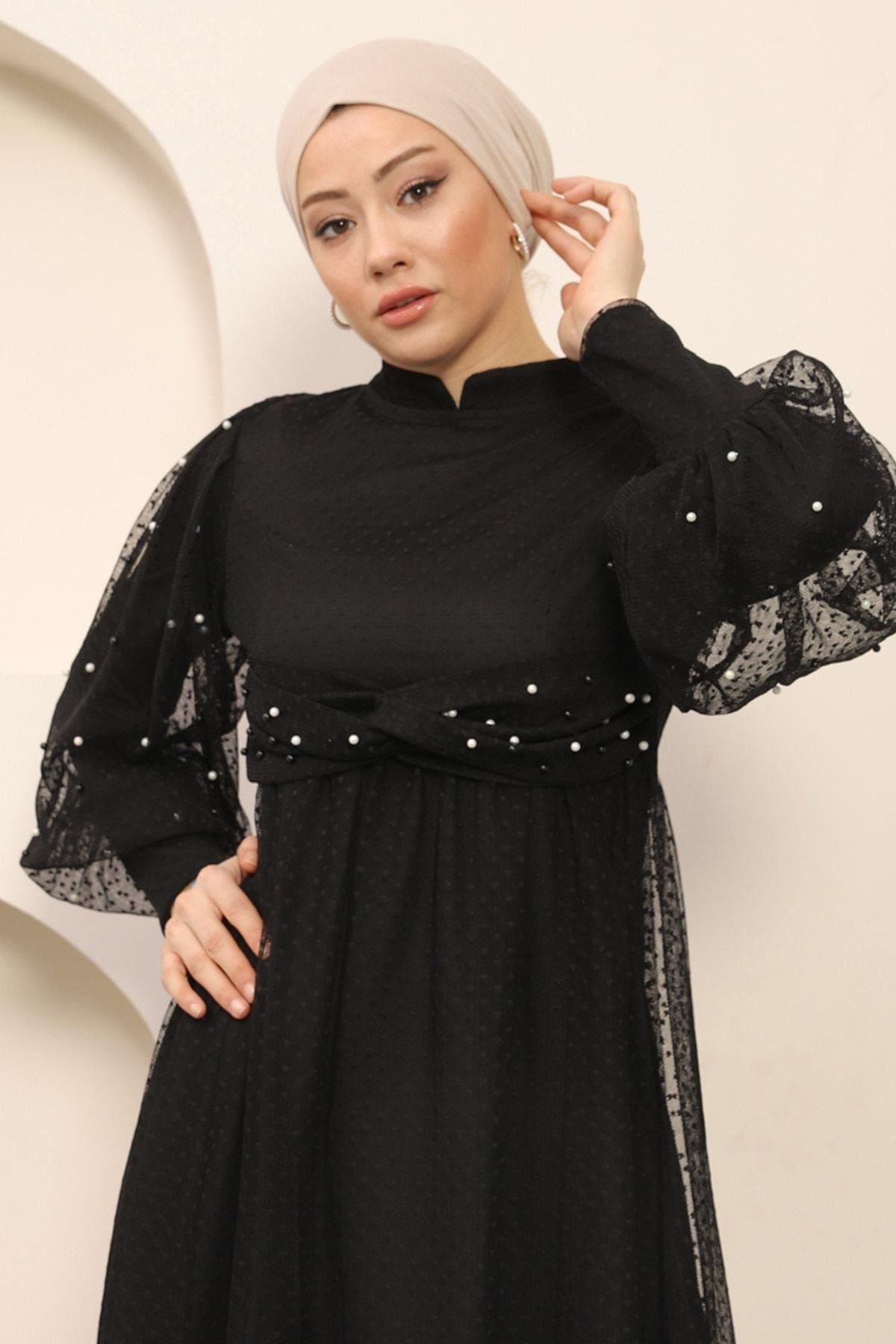 Modamihram-Rochie de seara din tul cu perle neagra 12238 2
