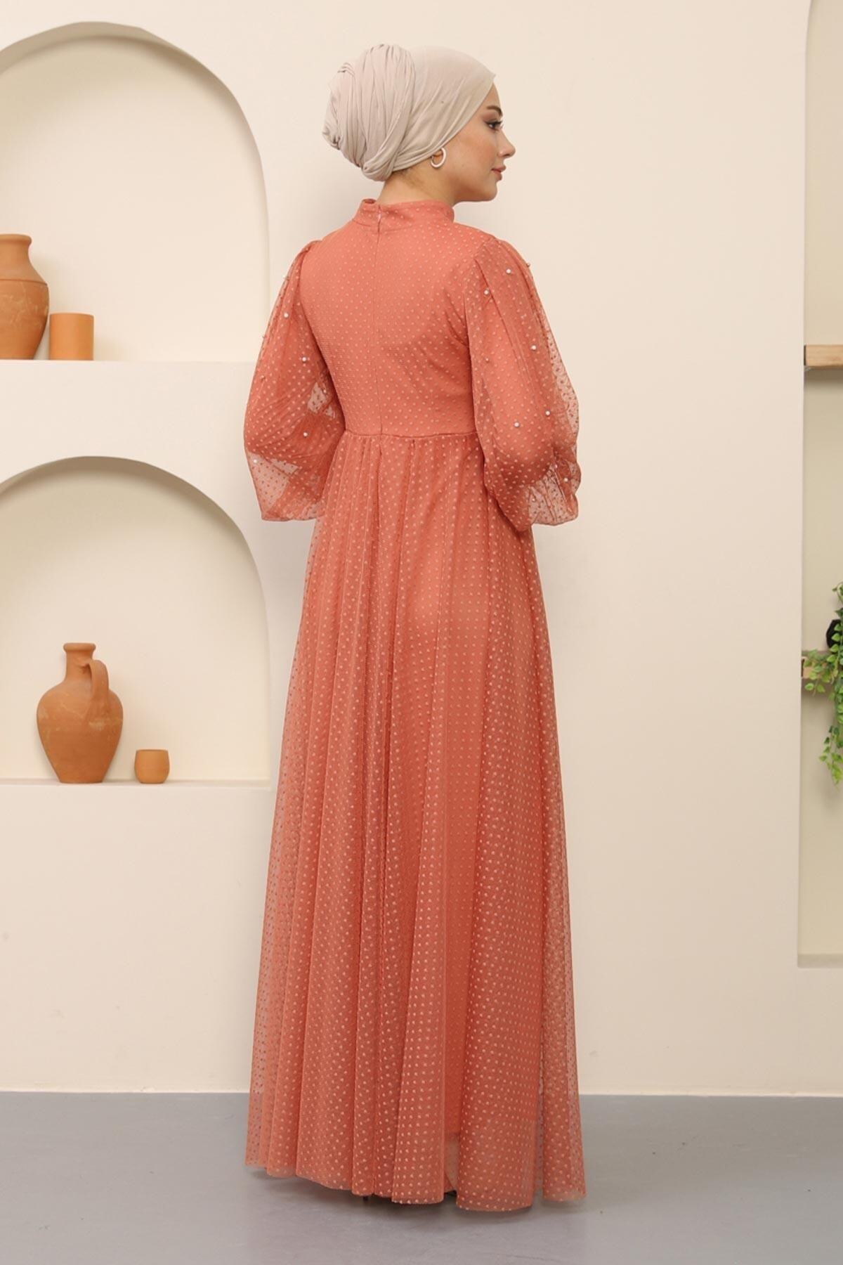 Modamihram-Perlendetailliertes Tüll-Abendkleid Lachsfarben 12238 5