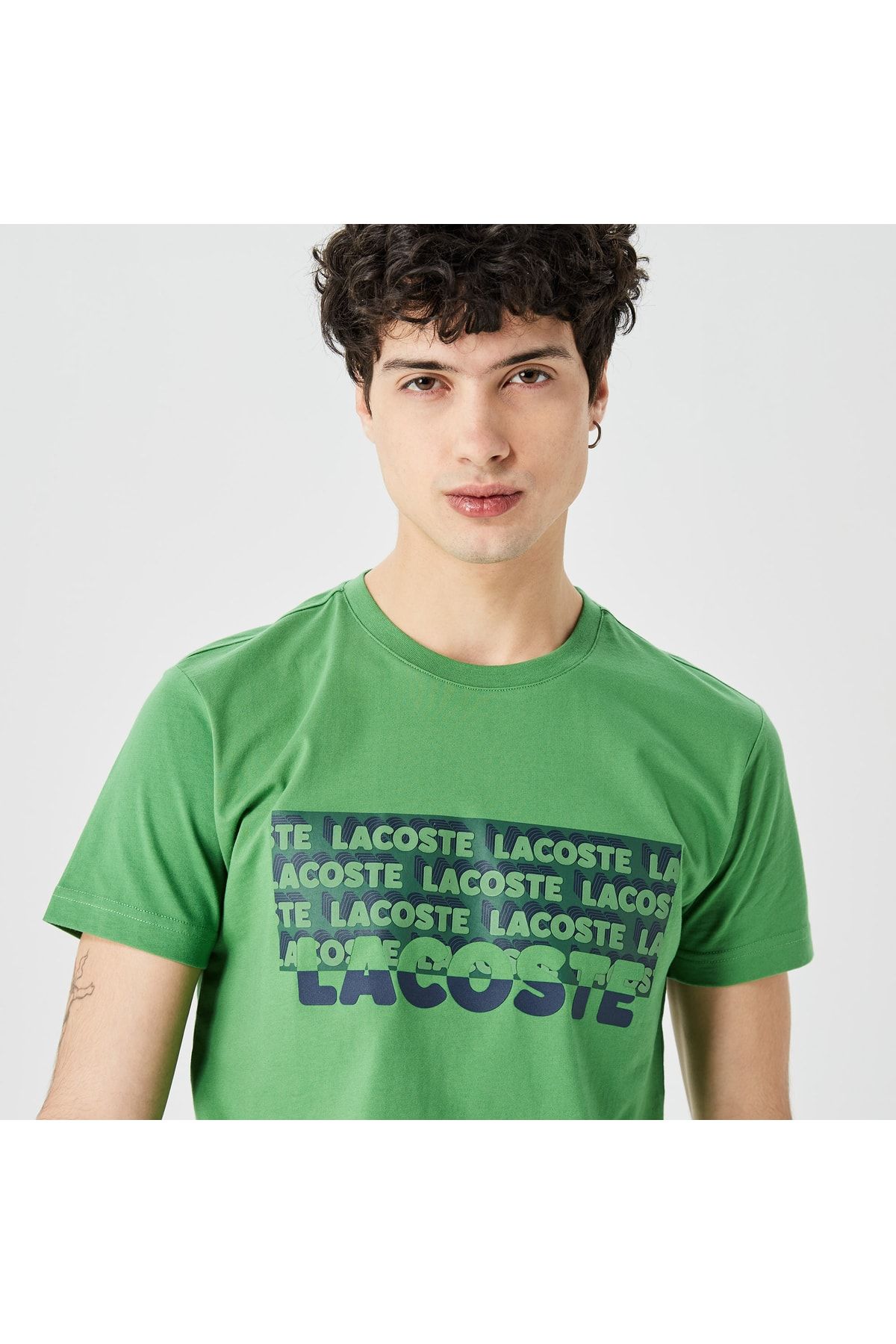 Lacoste یقه دوچرخه باریک مردانه تی شرت سبز چاپ شده
