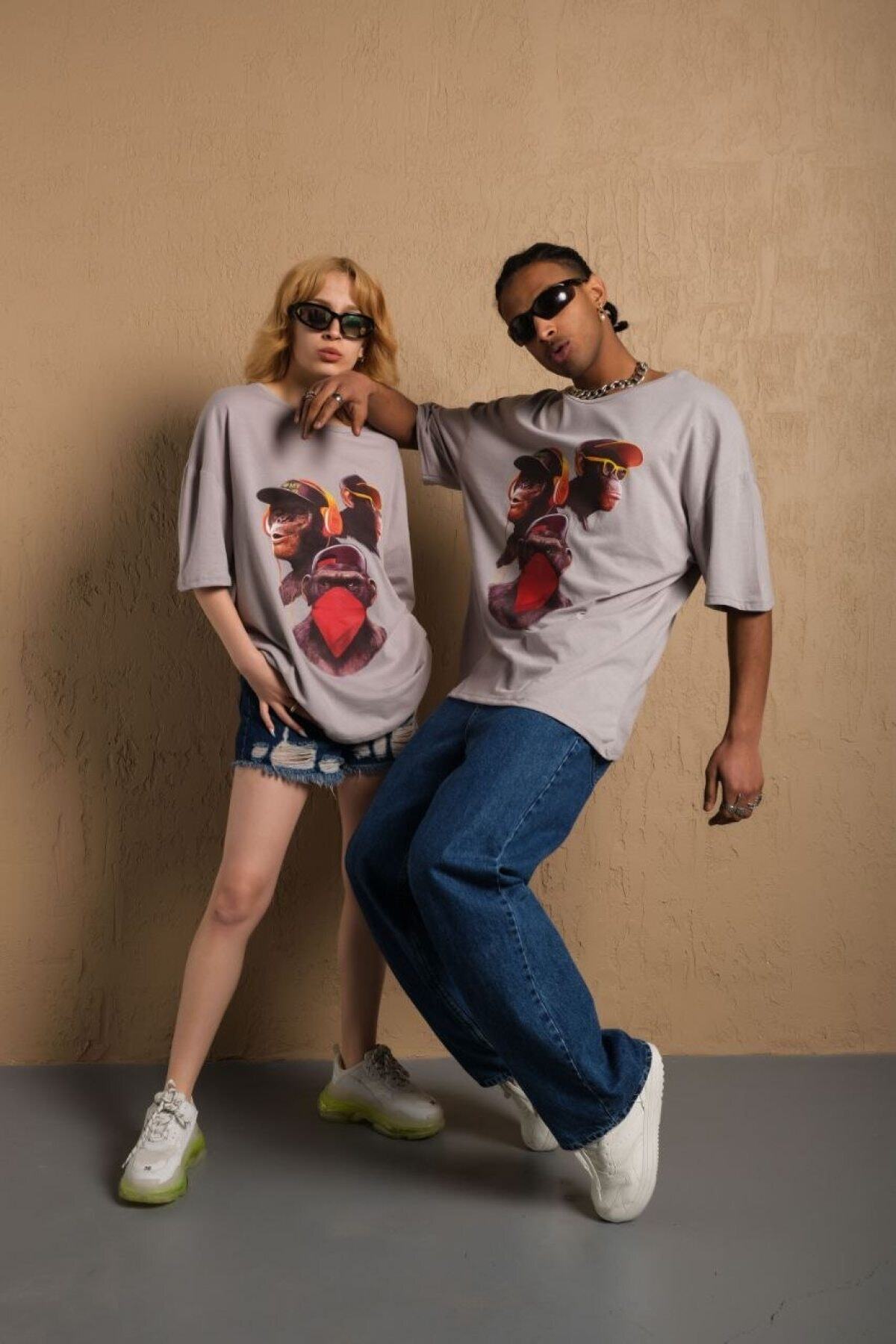 Maskeli Maymun Baskılı Oversize %100 Pamuk Taş Rengi T-shirt