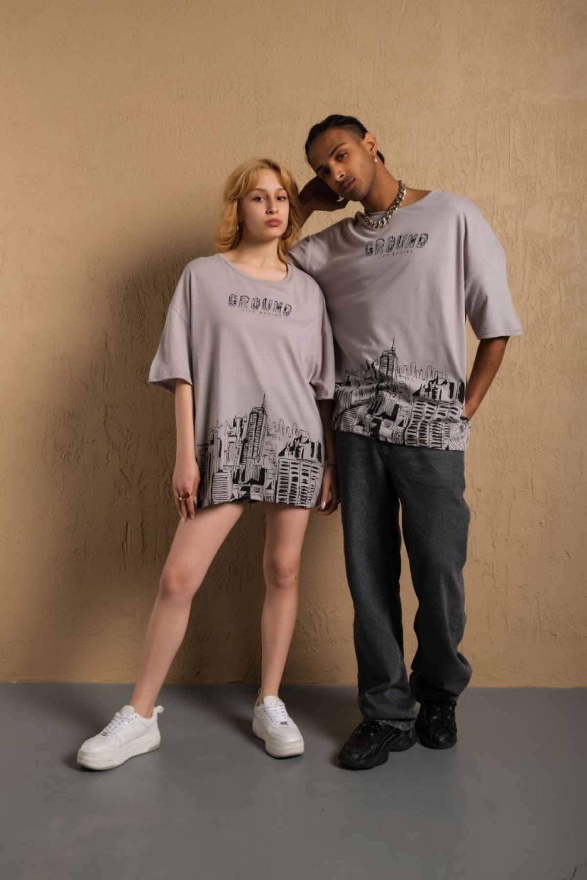 Graun Baskılı Oversize %100 Pamuk Taş Rengi T-shirt