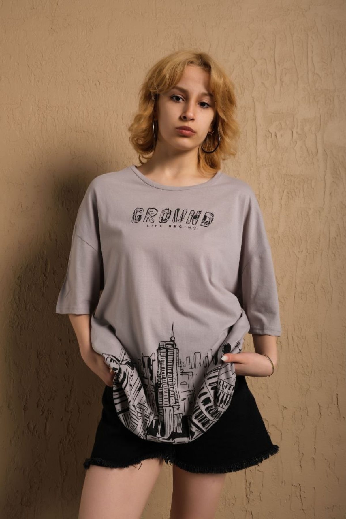 Graun Baskılı Oversize %100 Pamuk Taş Rengi T-shirt