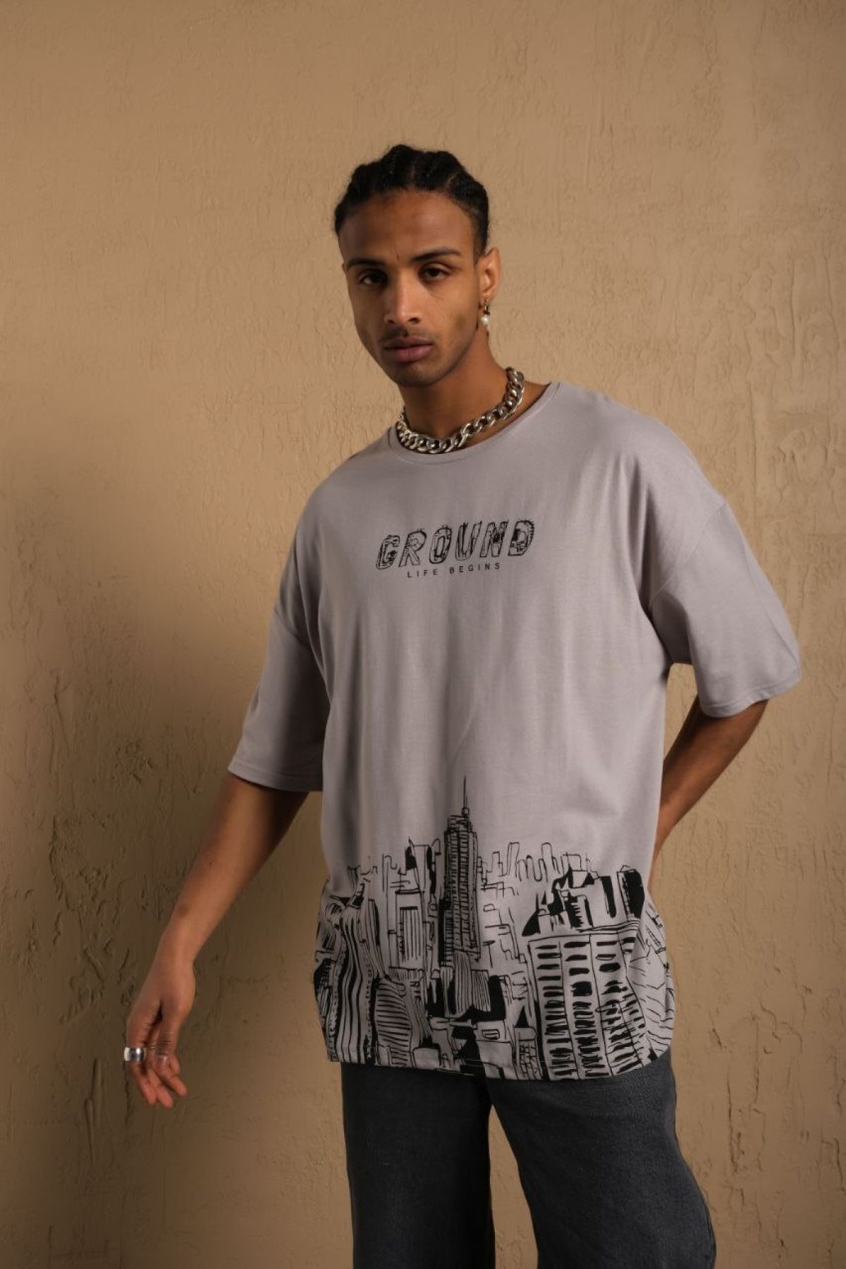 Graun Baskılı Oversize %100 Pamuk Taş Rengi T-shirt