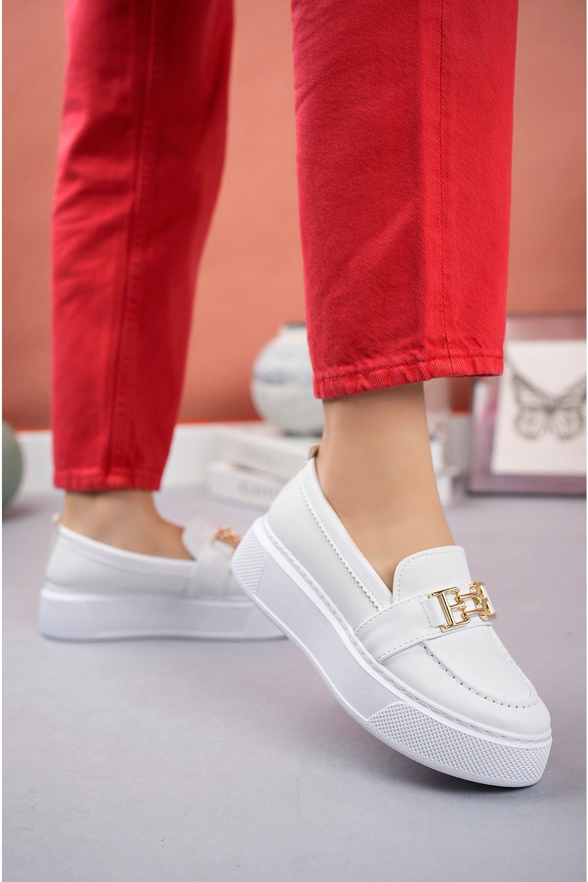 Freemax-Pantofi oxford casual de damă cu talpă înaltă din polietilenă, cu cataramă metalică, alb 3