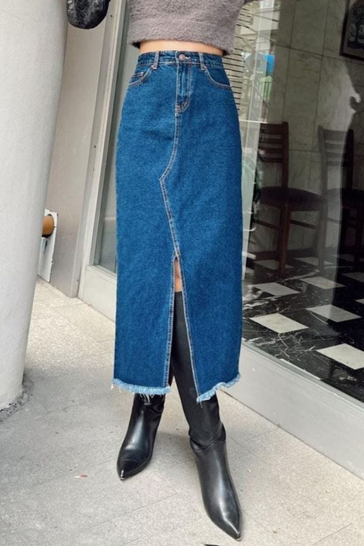 Dark blue denim best sale a line skirt
