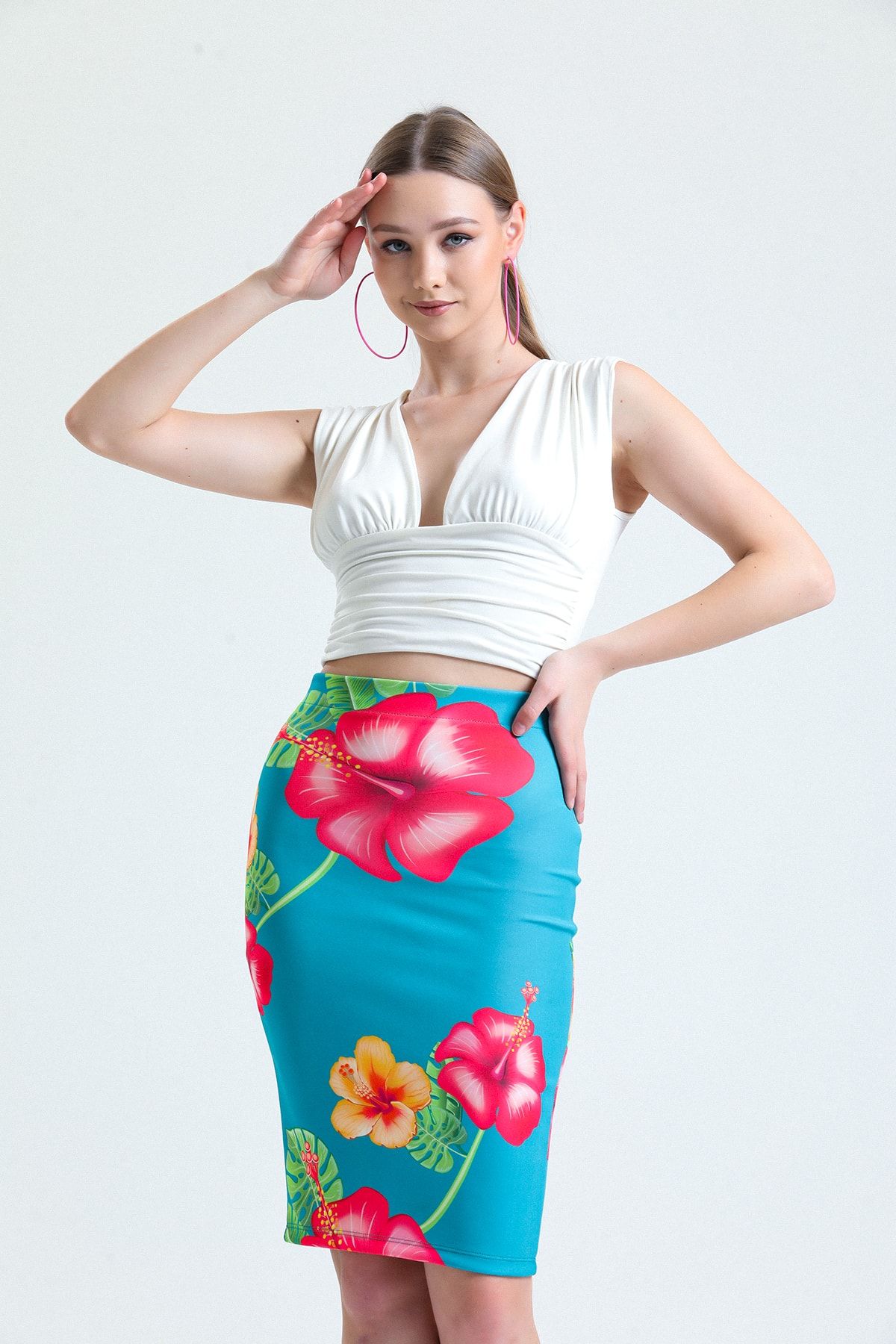 Dark blue sales floral pencil skirt