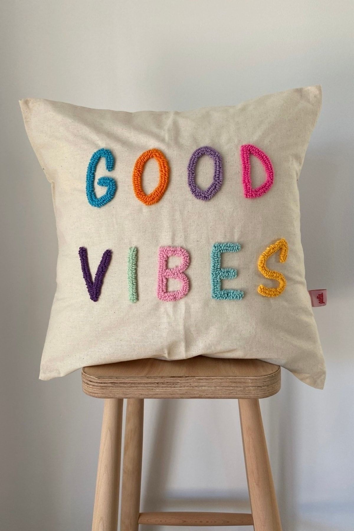 Galia Tasar m Good Vibes Washed Linen Motto Punch Throw Pillow
