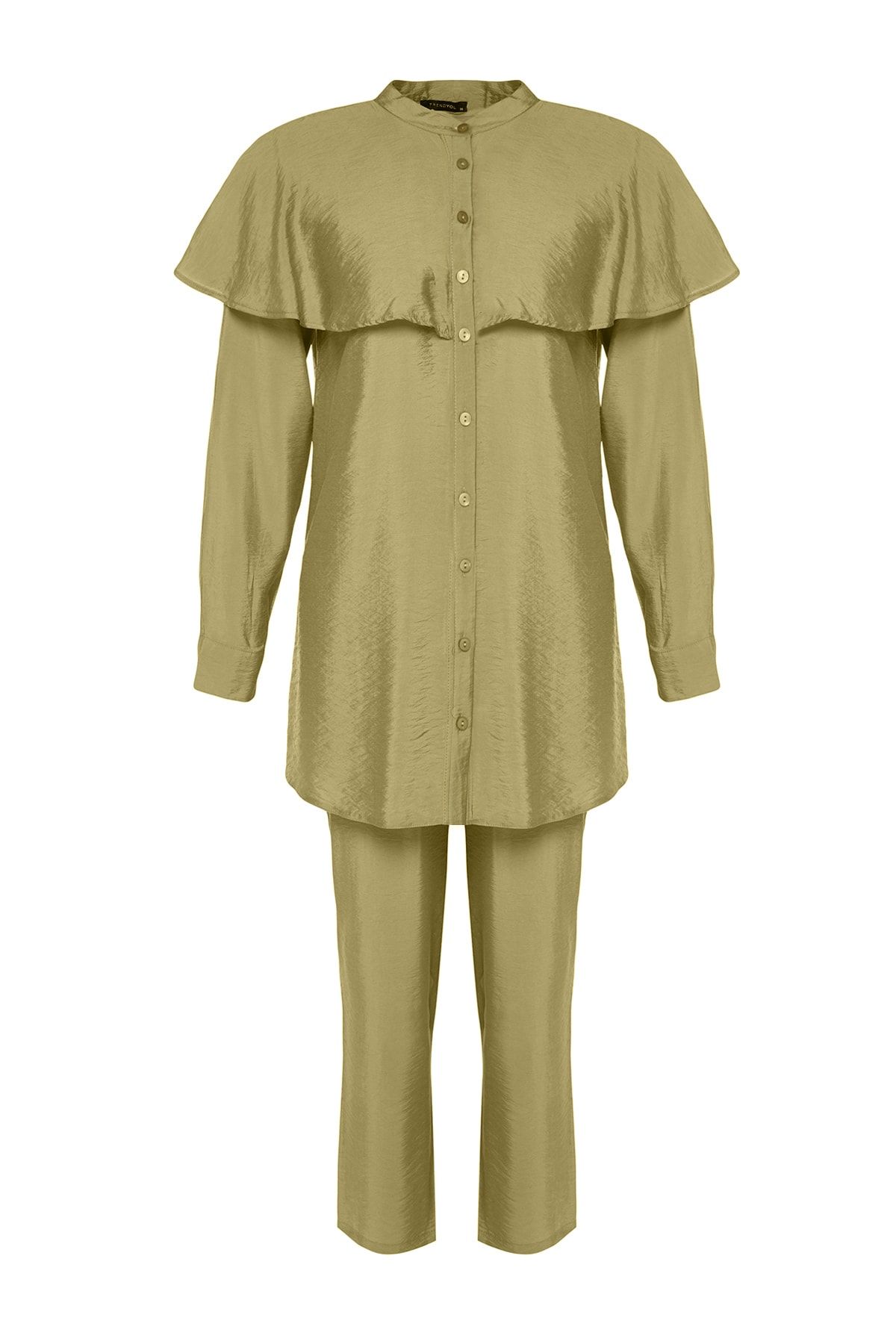 Trendyol Modest-Ölgrünes gewebtes Hemd-Hosen-Set mit Schwungrad-Details TCTSS23US00091 6