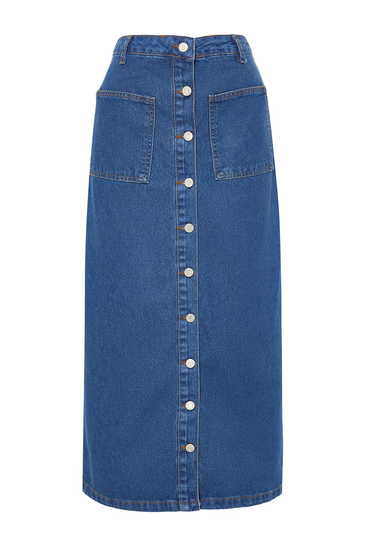 Trendyol Collection-Dunkler Indigo-Maxi-Jeansrock mit hoher Taille und doppelter Tasche und Knopfleiste vorne TCTSS23EE00002 7
