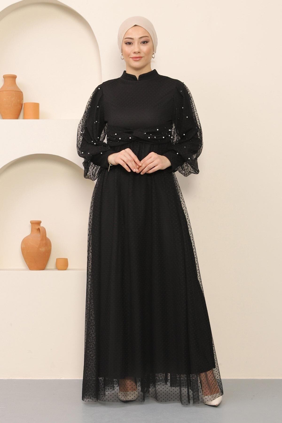 Modamihram-Rochie de seara din tul cu perle neagra 12238 3