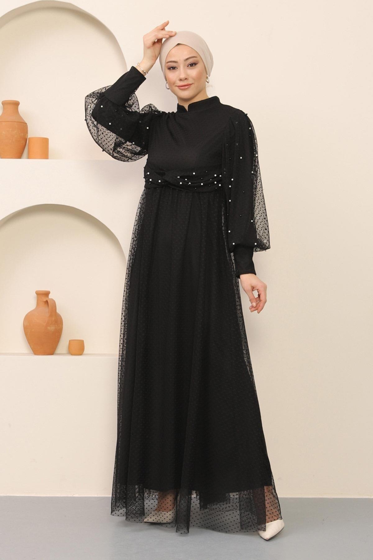 Modamihram-Rochie de seara din tul cu perle neagra 12238 4