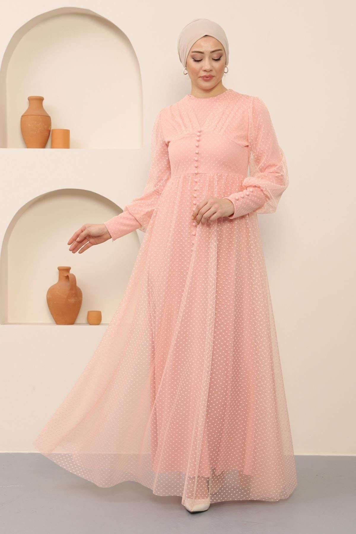 Modamihram-Button Detailed Tulle Evening Dress Powder 12237 3