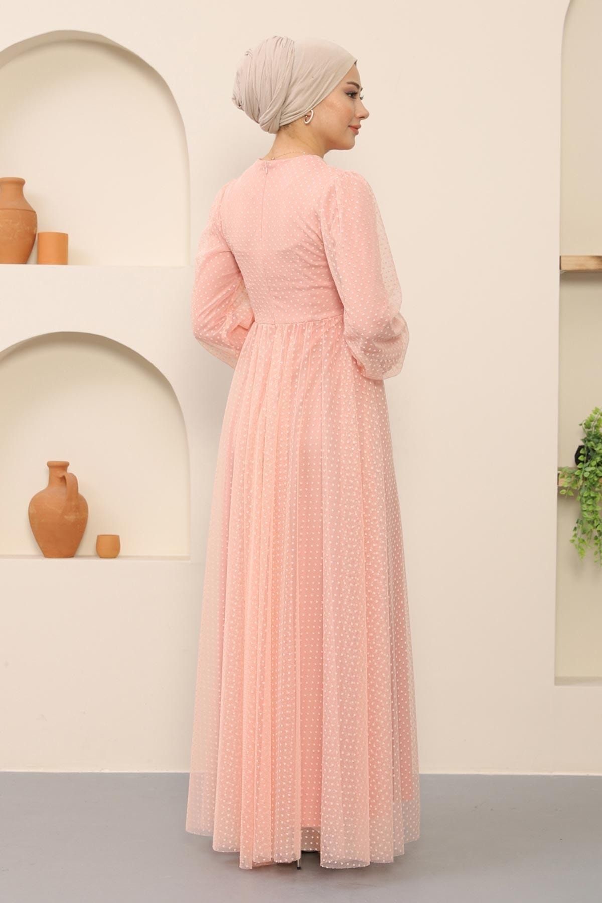 Modamihram-Button Detailed Tulle Evening Dress Powder 12237 5