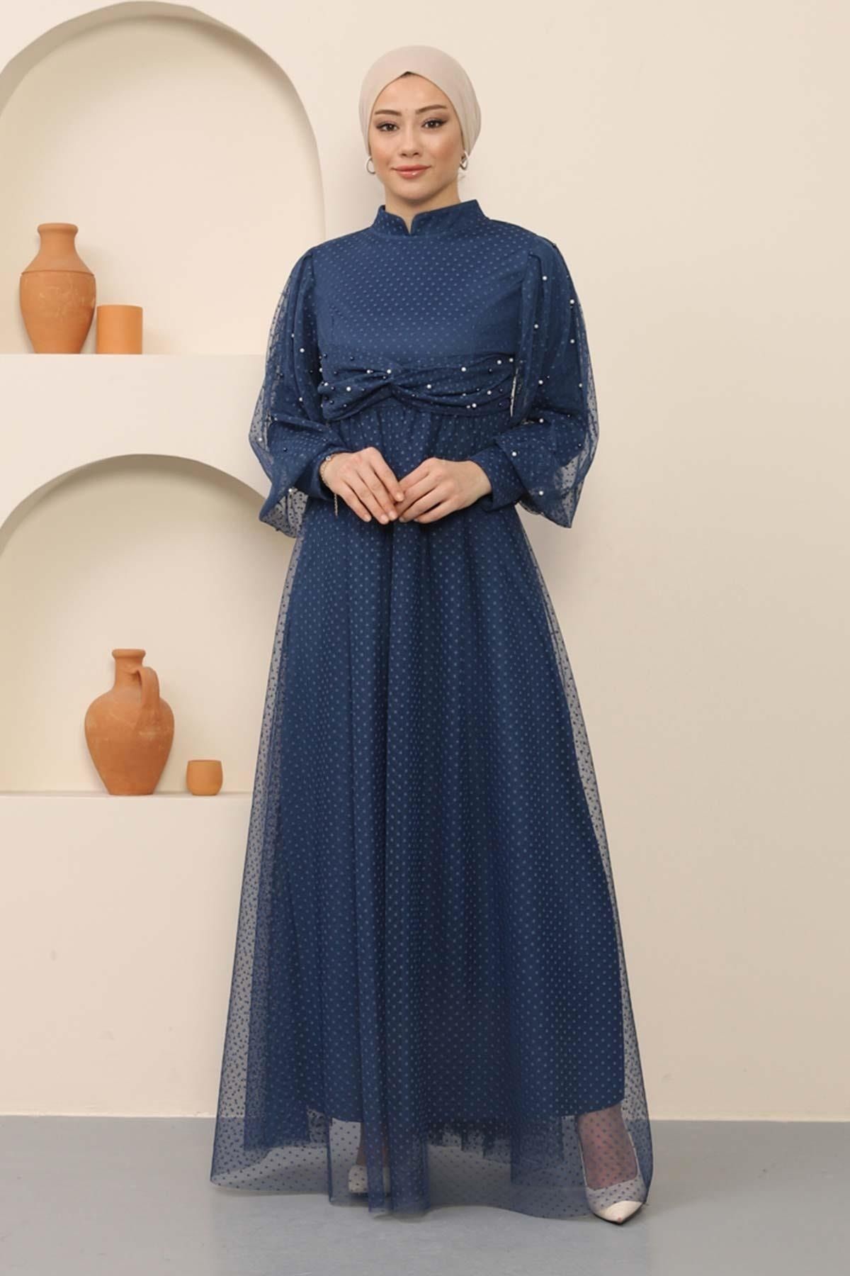 Modamihram-Pearl Detailed Tulle Evening Dress Indigo 12238 3