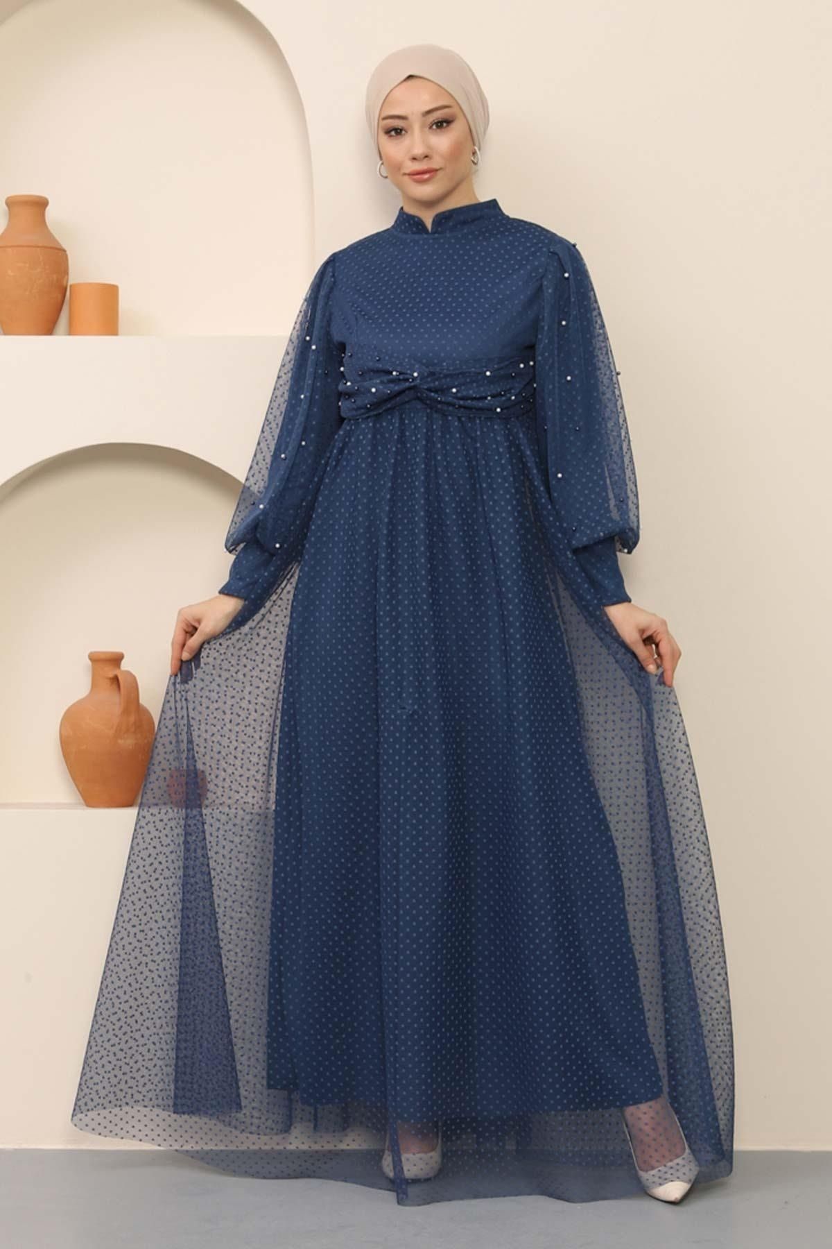 Modamihram-Pearl Detailed Tulle Evening Dress Indigo 12238 4