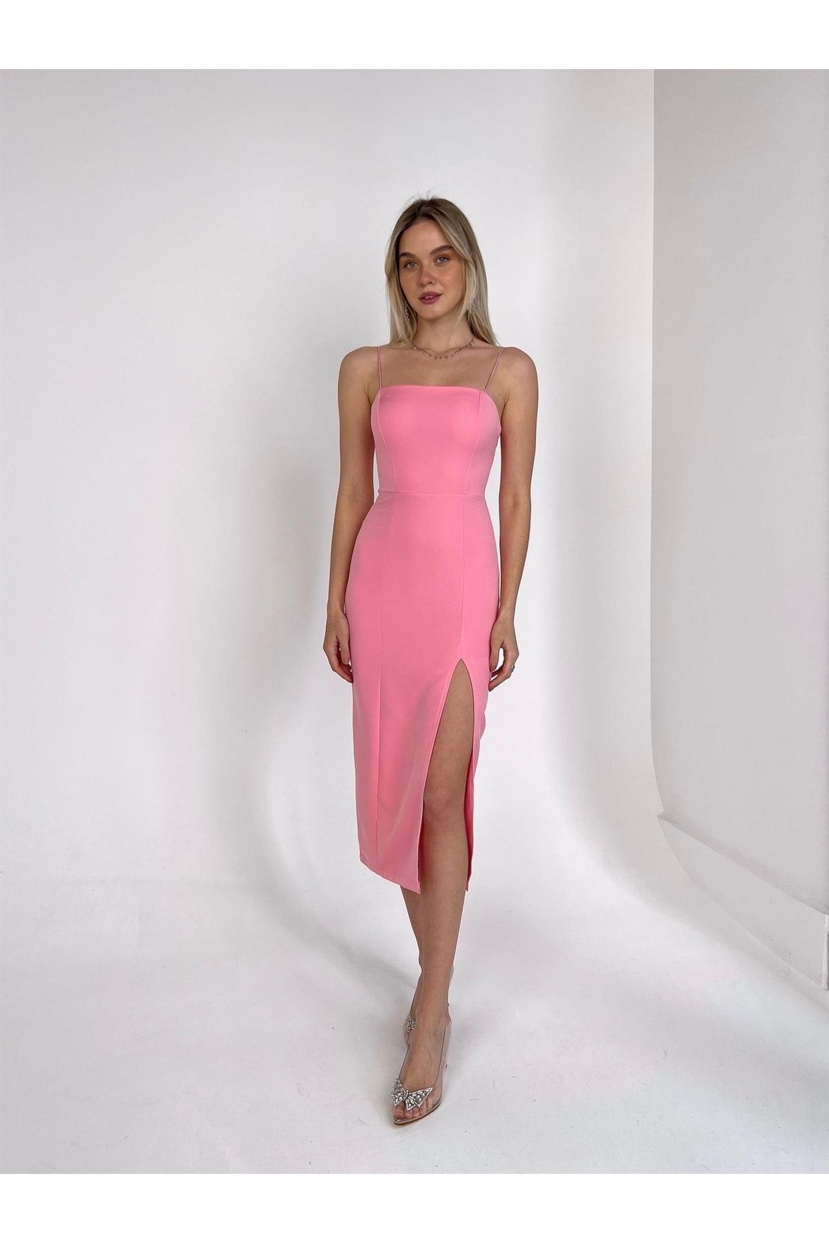 NARKO-Botte Solid Color Front Slit Strapless Thin Rope Strap Midi Length Unlined Dress 3