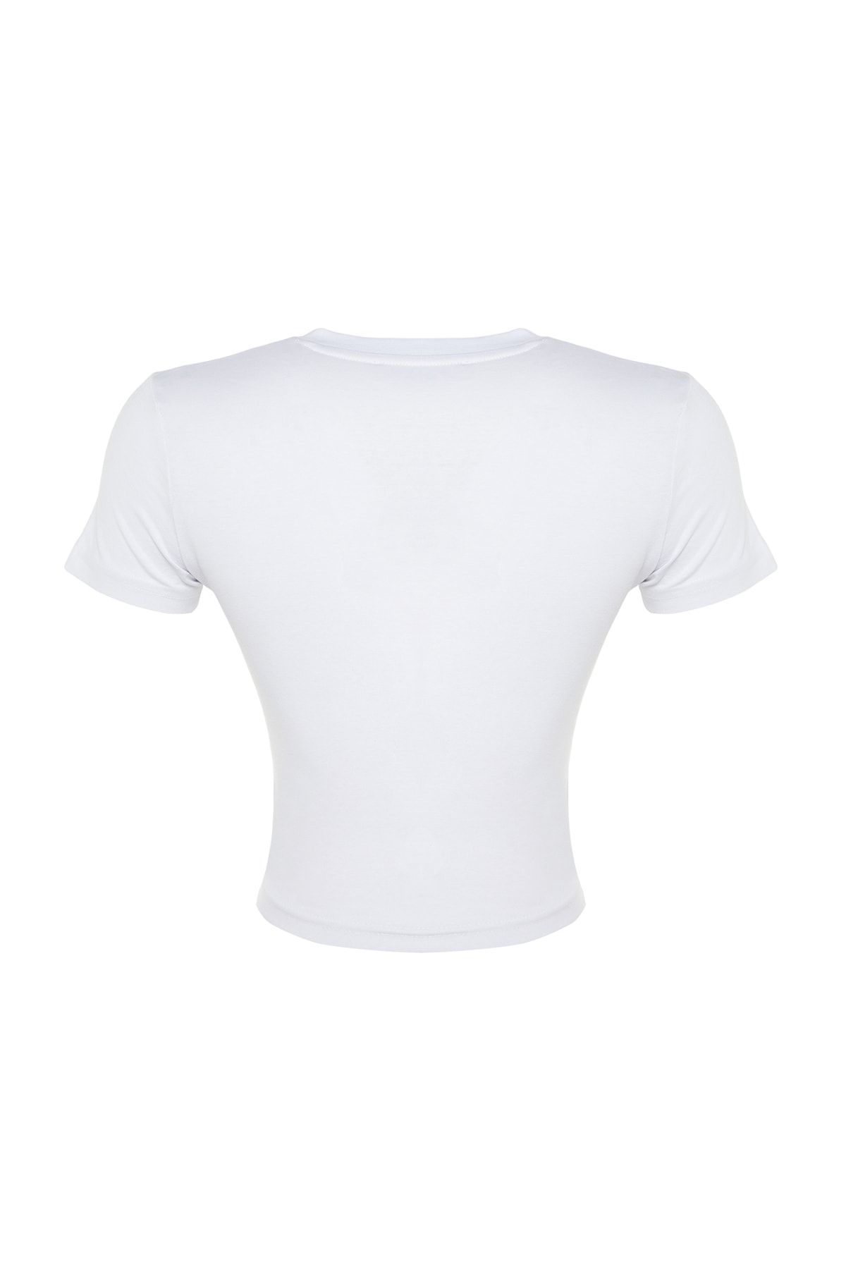 Trendyol Collection-Weißes, eng anliegendes, kurz geschnittenes, dehnbares Strick-T-Shirt aus Baumwolle mit Herzmuster und Rundhalsausschnitt TWOSS23TS00272 8