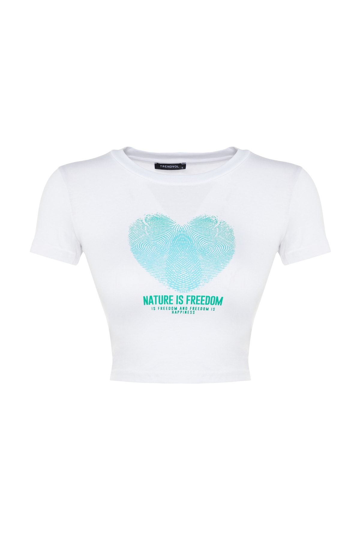 Trendyol Collection-Weißes, eng anliegendes, kurz geschnittenes, dehnbares Strick-T-Shirt aus Baumwolle mit Herzmuster und Rundhalsausschnitt TWOSS23TS00272 6