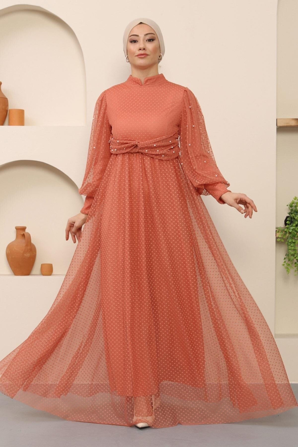 Modamihram-Perlendetailliertes Tüll-Abendkleid Lachsfarben 12238 1
