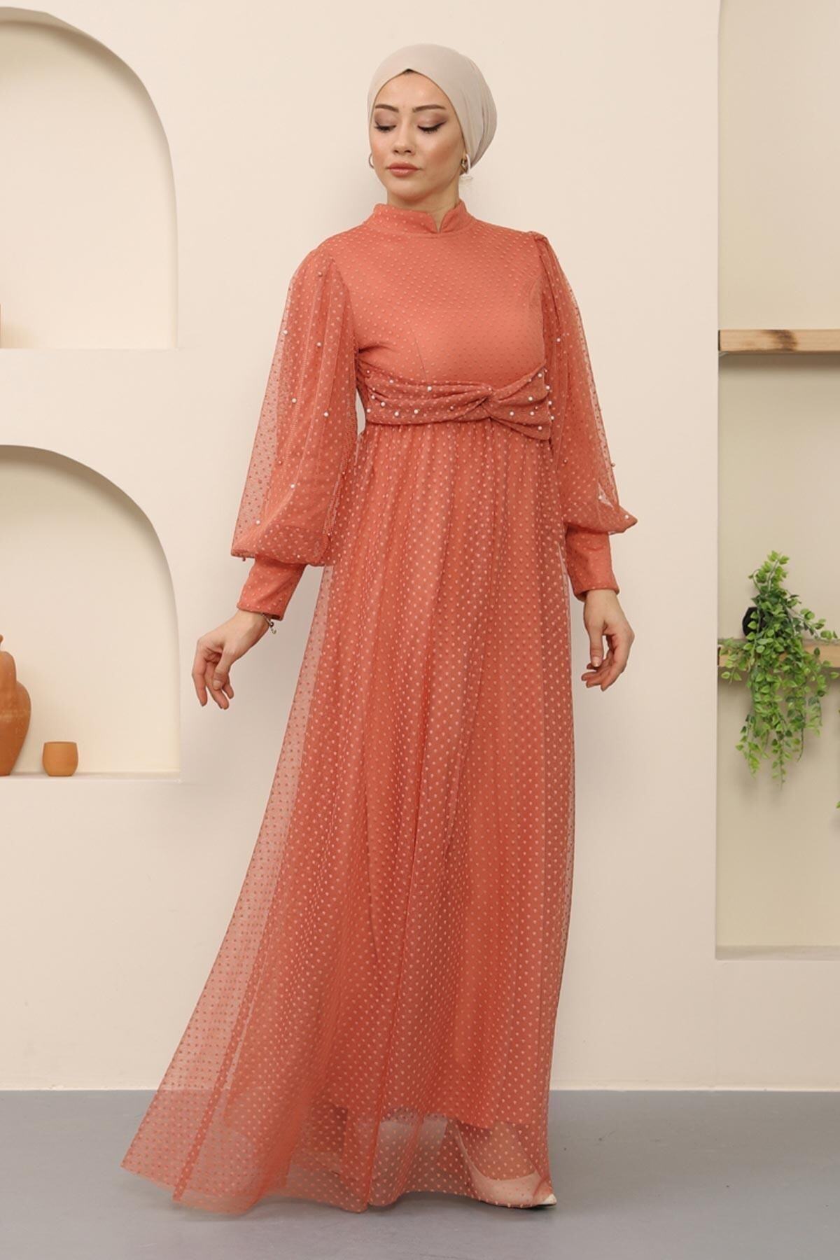 Modamihram-Perlendetailliertes Tüll-Abendkleid Lachsfarben 12238 4