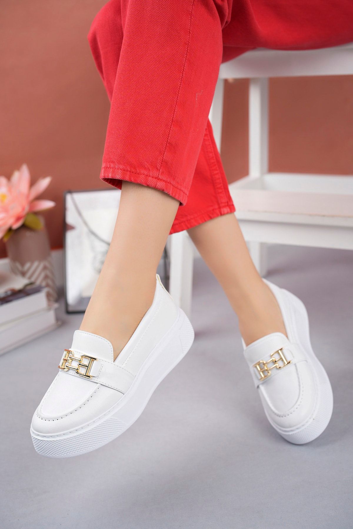 Freemax-Pantofi oxford casual de damă cu talpă înaltă din polietilenă, cu cataramă metalică, alb 5