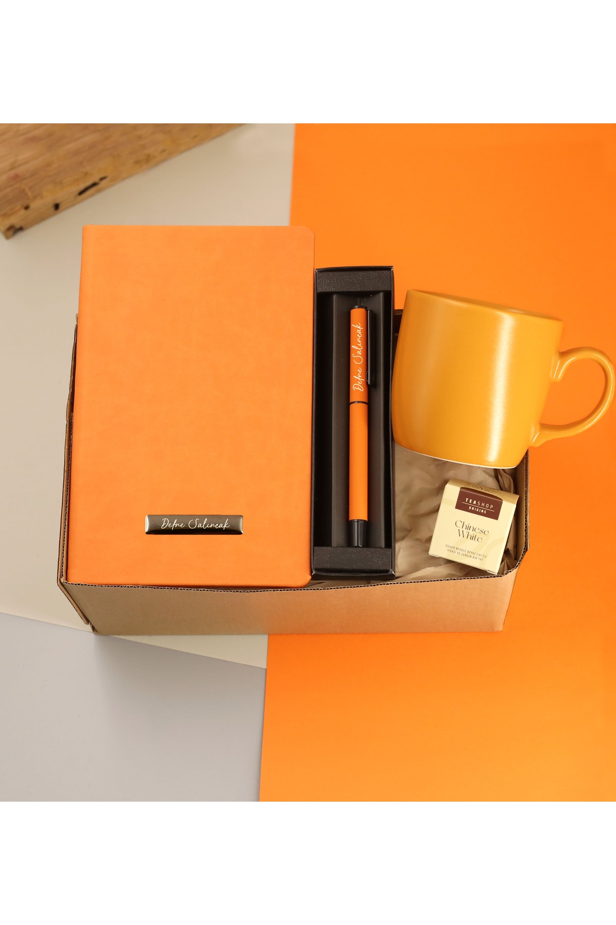 Personalized Thermo Leather Orange Notebook & Metal Rollerball Pen & Mug & Teashop Gift Set