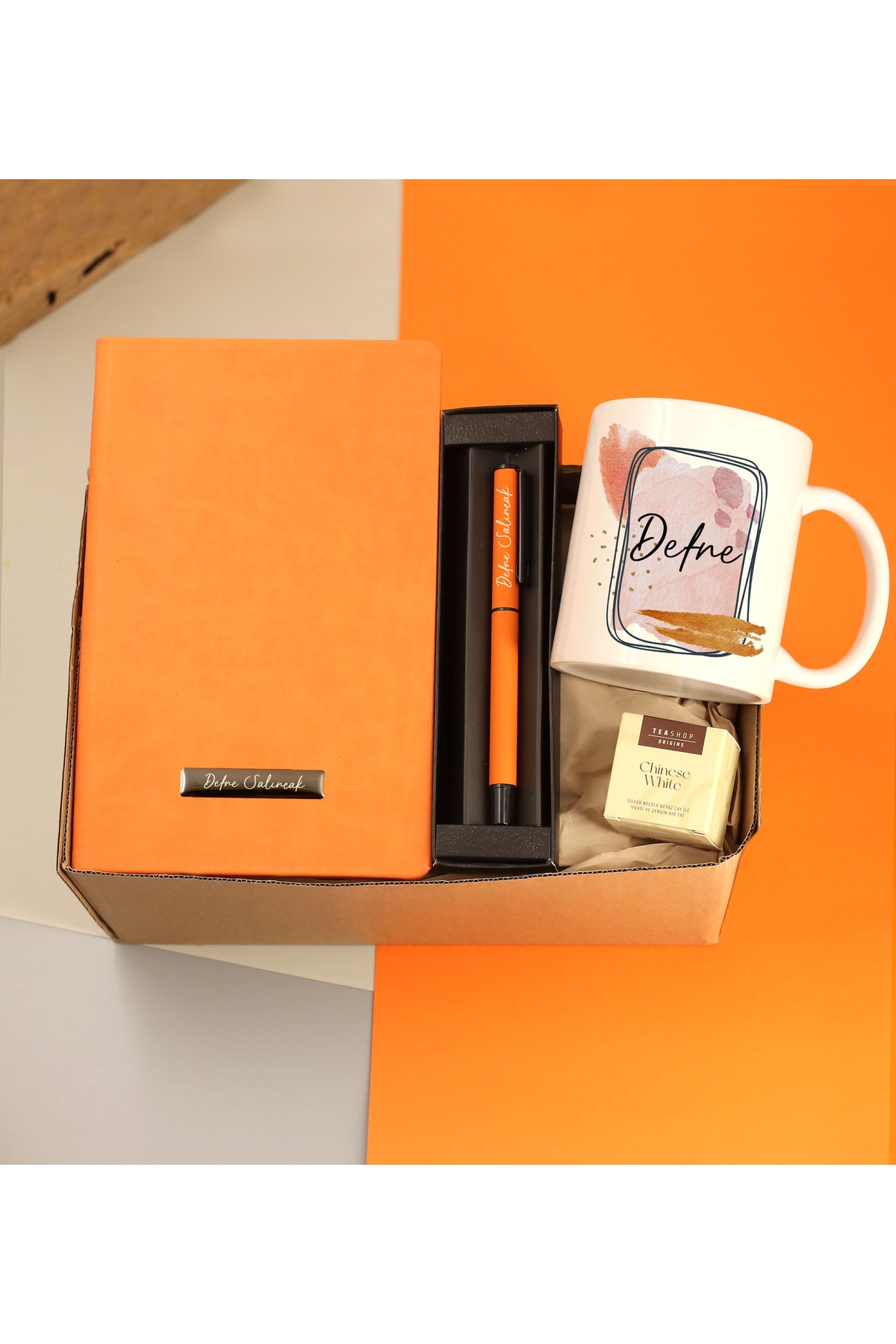 Personalized Orange Notebook & Orange Metal Rollerball Pen & Name Printed Mug & Teashop Gift Set