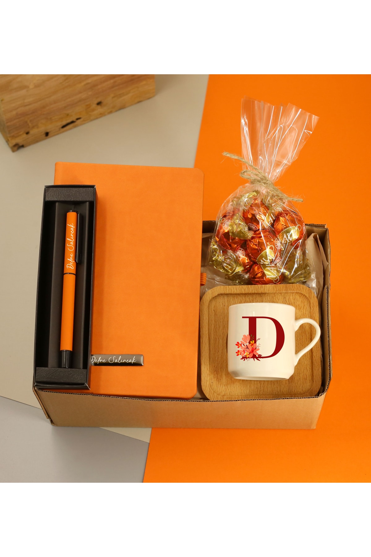 Personalized Notebook & Personalized Rollerball Pen & Letter Printed Cup & Lavi Chocolate Gift Set