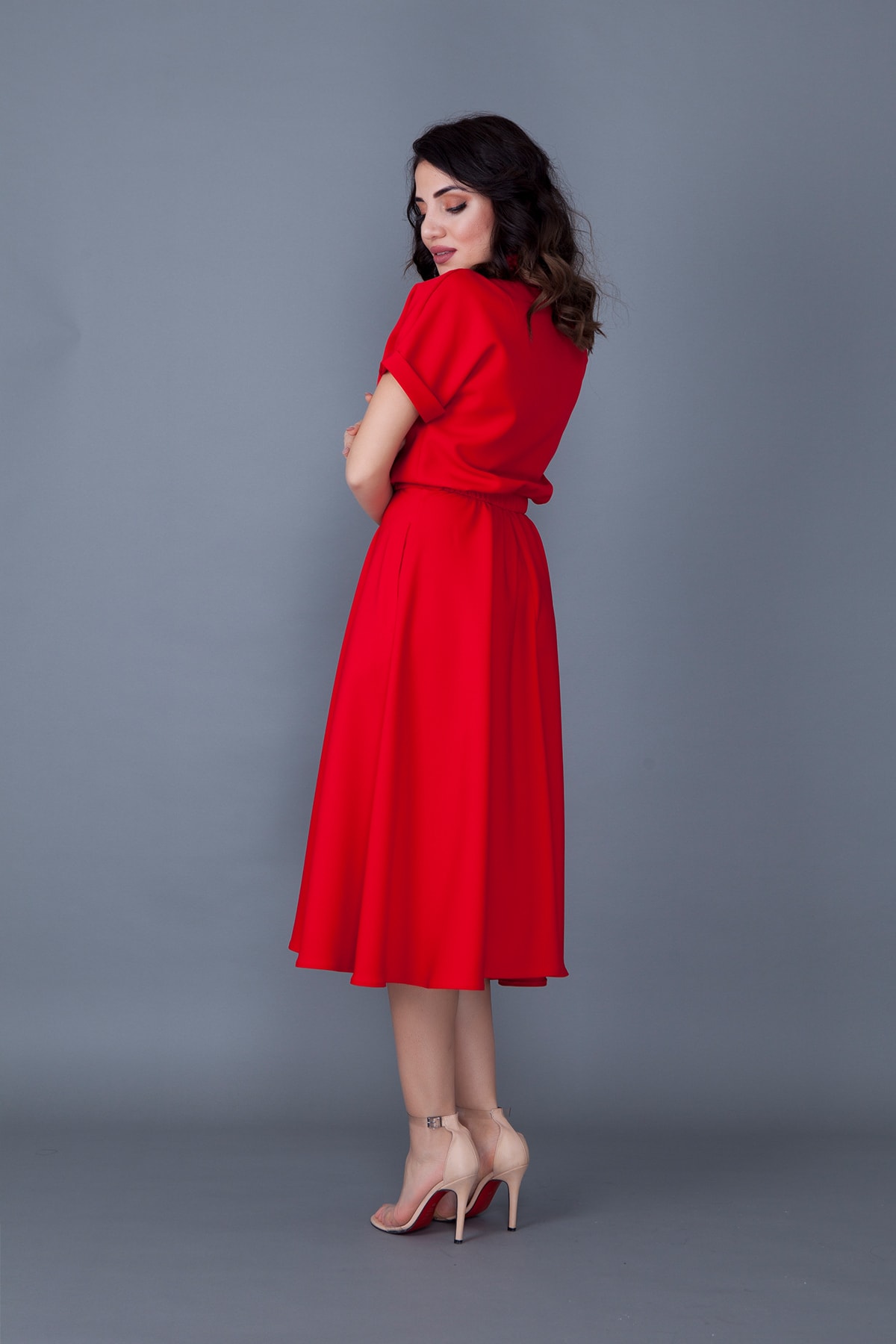 Bidoluelbise  Kadın Kırmızı Beli Lastikli Cepli Yarasa Kol Midi Boy Elbise - Görsel 4