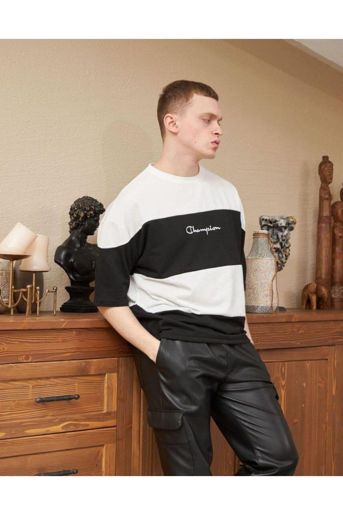 Campion Nakış Işlemeli Oversize %100 Pamuk Siyah Beyaz Çizgili Unisex T-shirt