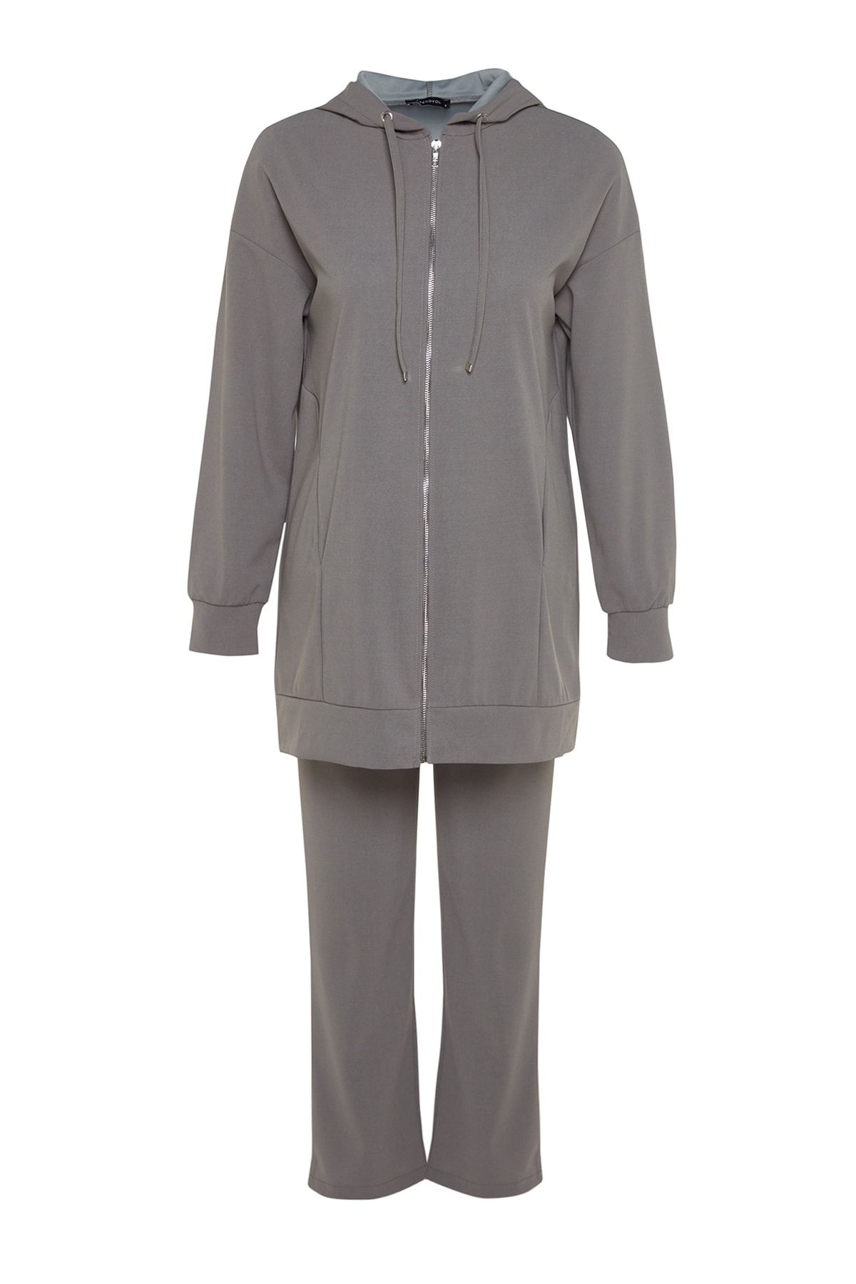 Trendyol Modest-Übergroßes Set aus grauer Strickjacke mit Kapuze und Jogginghose – mit Reißverschluss TCTSS21EM0091 6