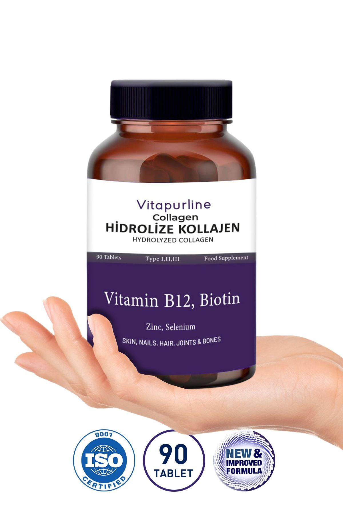 VİTAPURLİNE Collagen 90 Tablet 3000mg - Tip 1-2-3 Vitamin B12 Biotin Hidrolize Kolajen