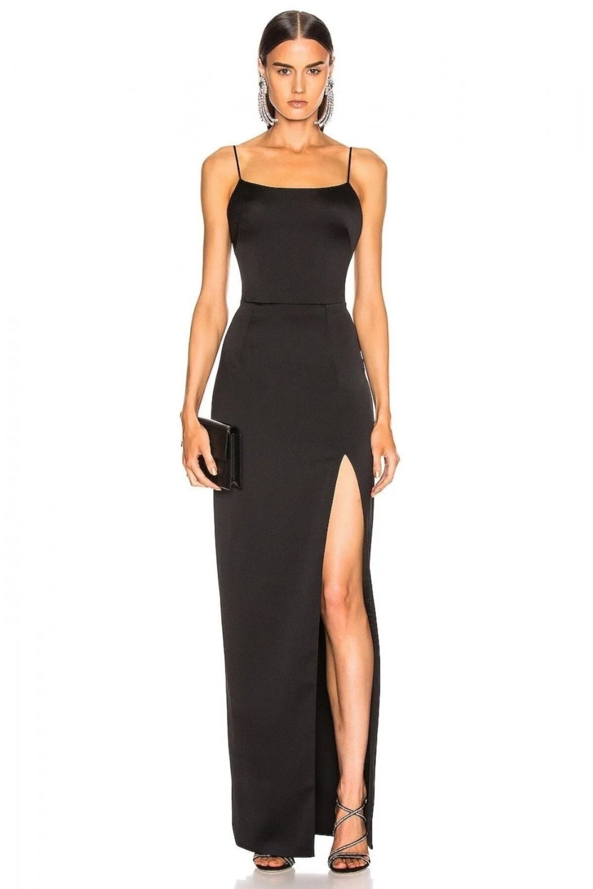 Kadın Siyah Spagetti Askılı Derin Yırtmaçlı saten Elbise