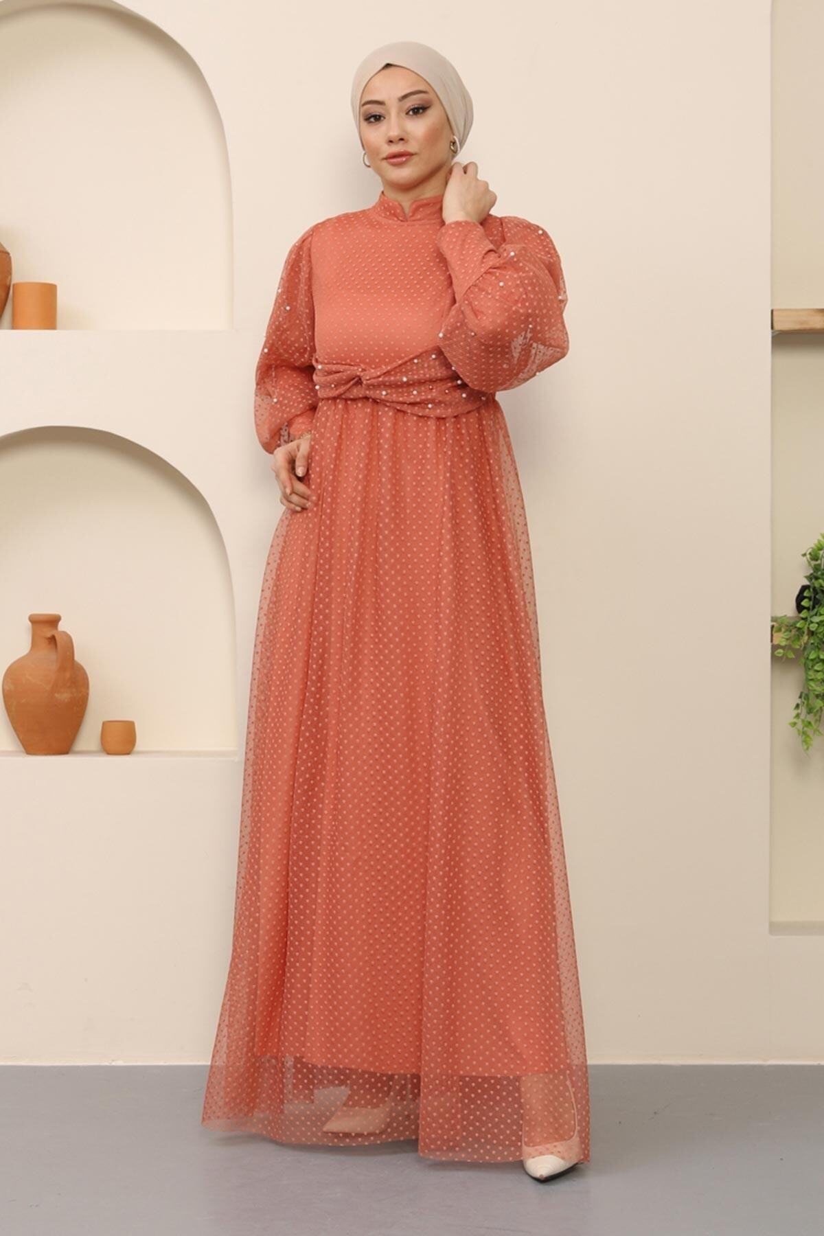 Modamihram-Perlendetailliertes Tüll-Abendkleid Lachsfarben 12238 3