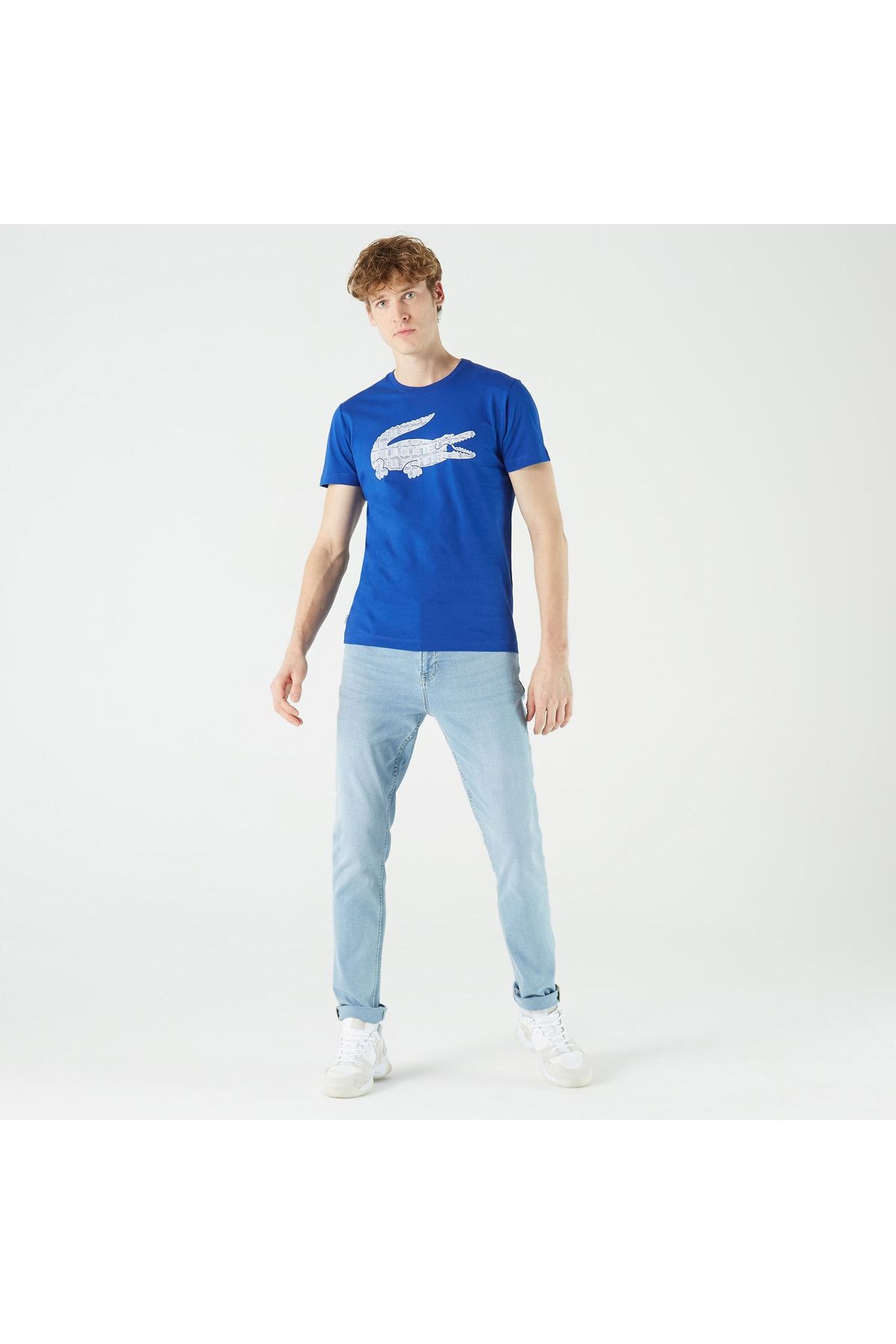 Lacoste یقه دوچرخه باریک مردانه تی شرت آبی چاپ شده TH0208