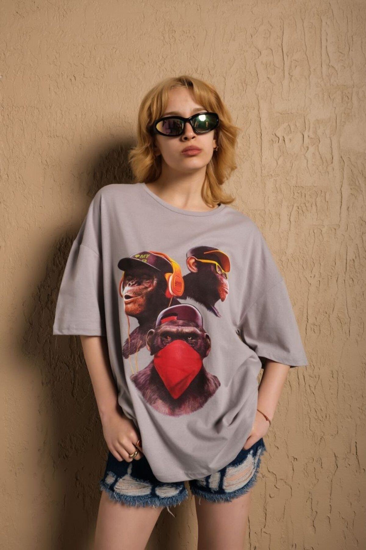 Maskeli Maymun Baskılı Oversize %100 Pamuk Taş Rengi T-shirt