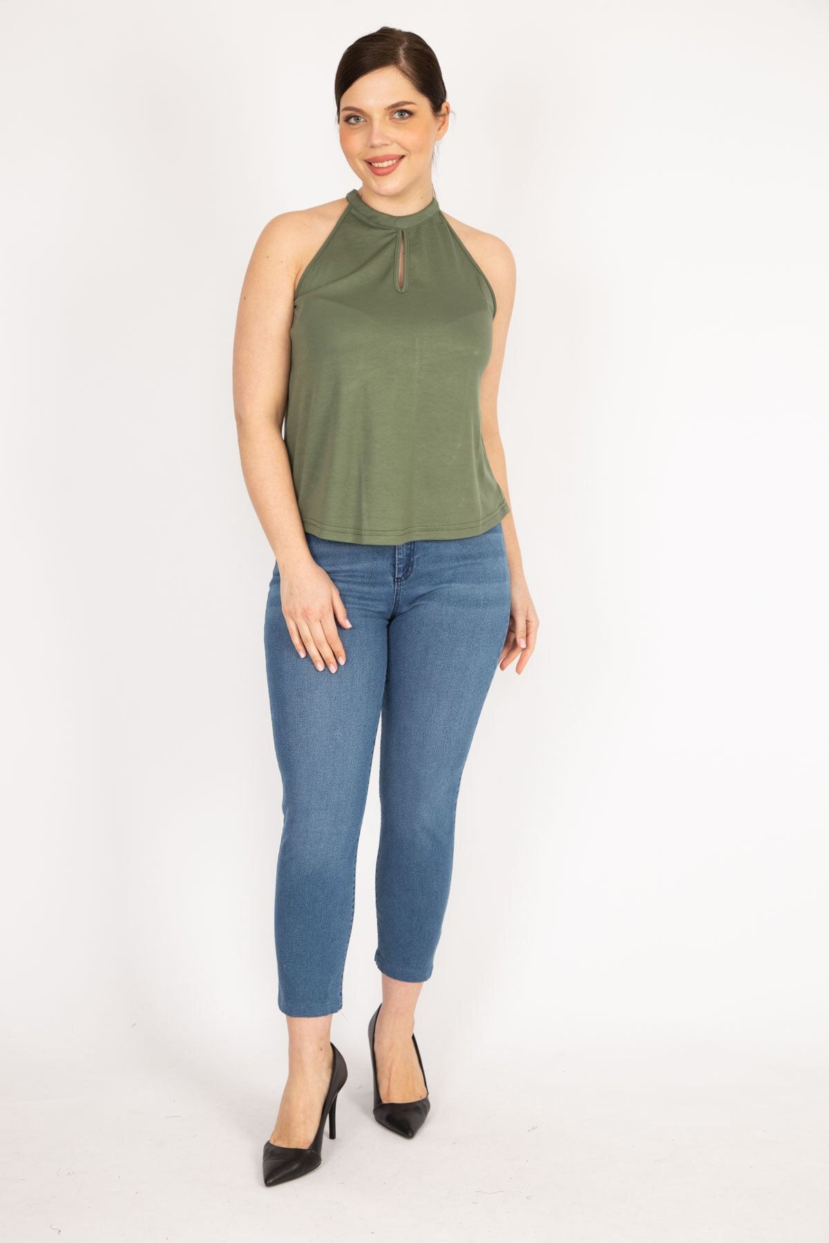 ans Women s Khaki Plus Size Halter Neck Blouse Trendyol