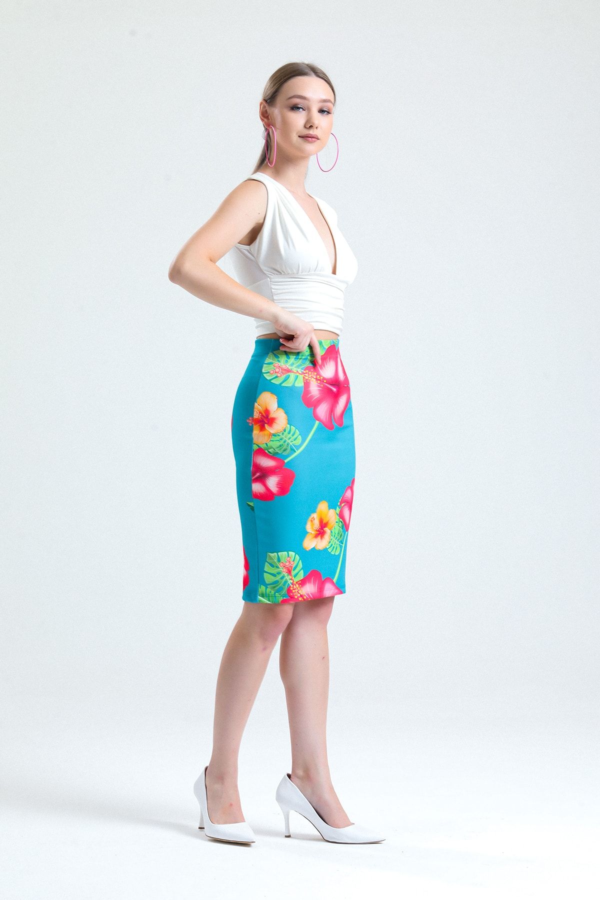 G KS M G Y M Women s Blue Floral Midi Length Pencil Skirt Trendyol