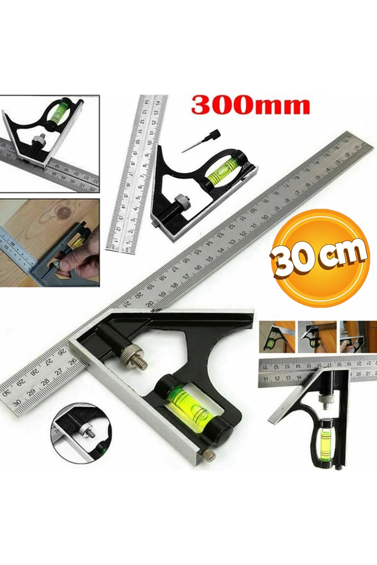 Express Reyon Kombine Metrik Gönye Alüminyum Su Terazili Açı Ölçer Gönye 45°-90° 30 Cm