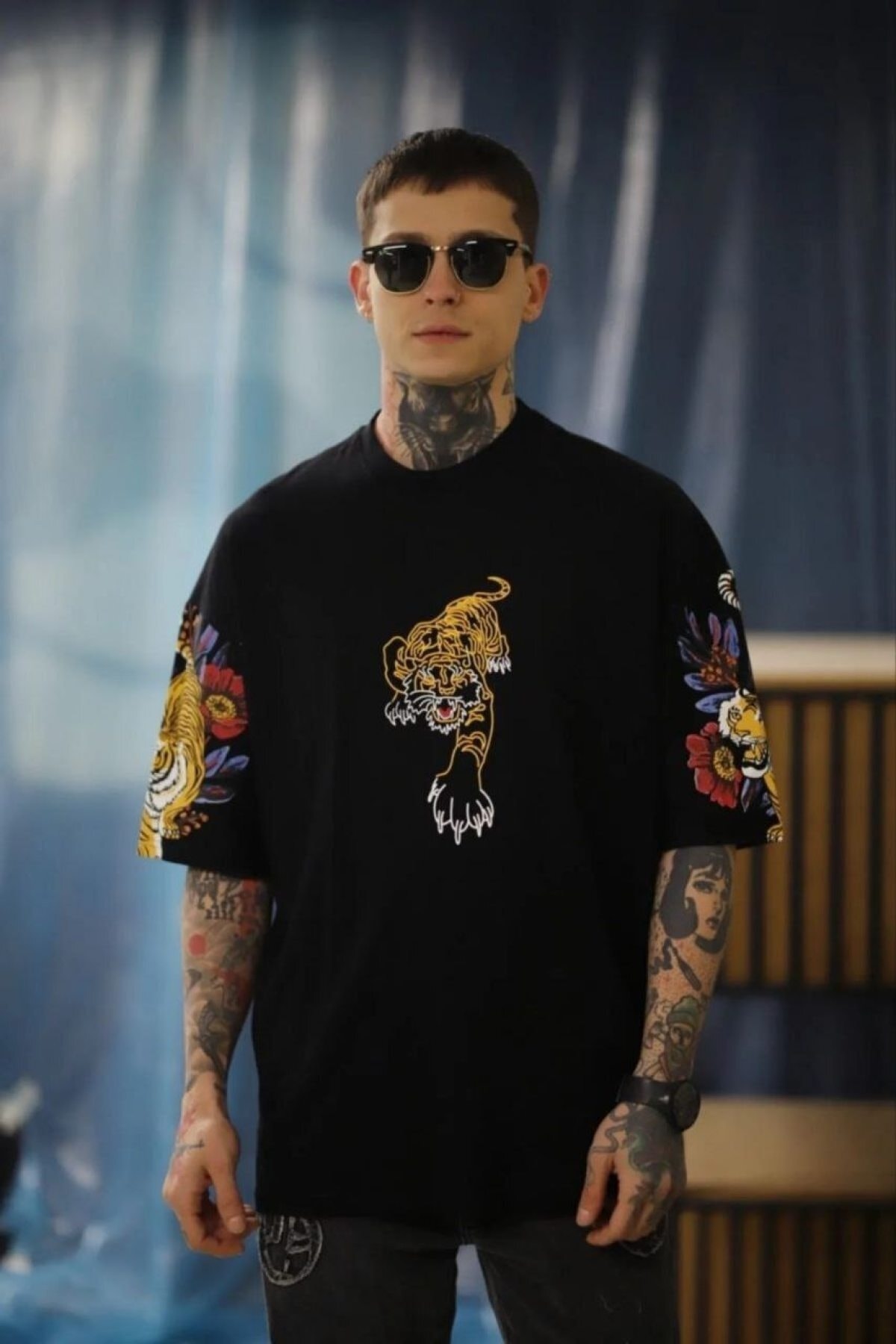 Kaplan Baskılı Oversize %100 Pamuk Siyah T-shirt