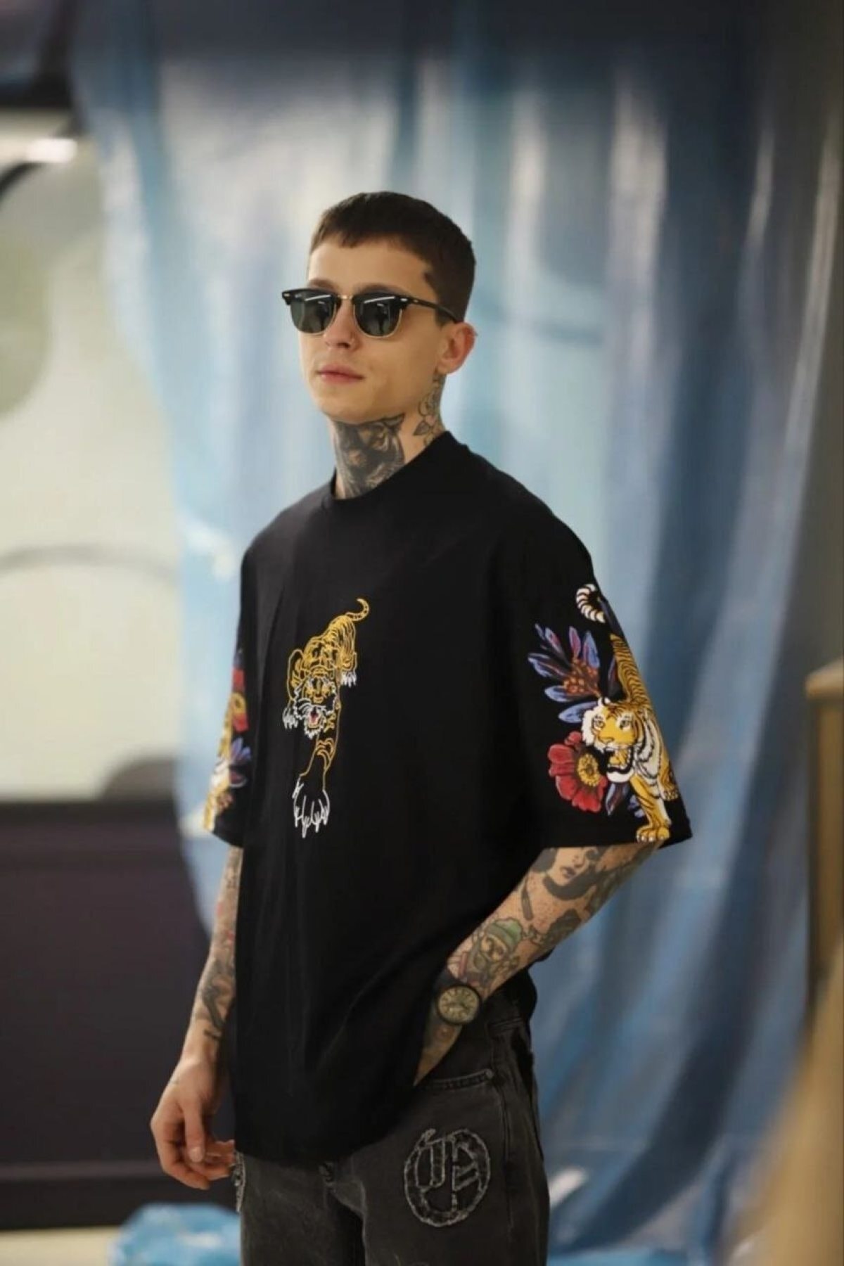 Kaplan Baskılı Oversize %100 Pamuk Siyah T-shirt