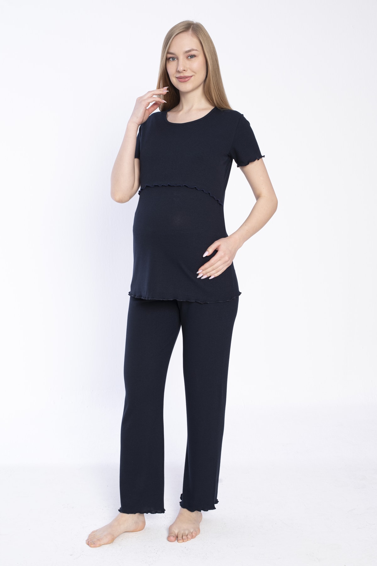Miss Dünya Lissa Lacivert Pamuk Fitilli Örme Kumaş Hamile Ve Lohusa Pijama Takımı fotoğrafı 2 (önizleme)