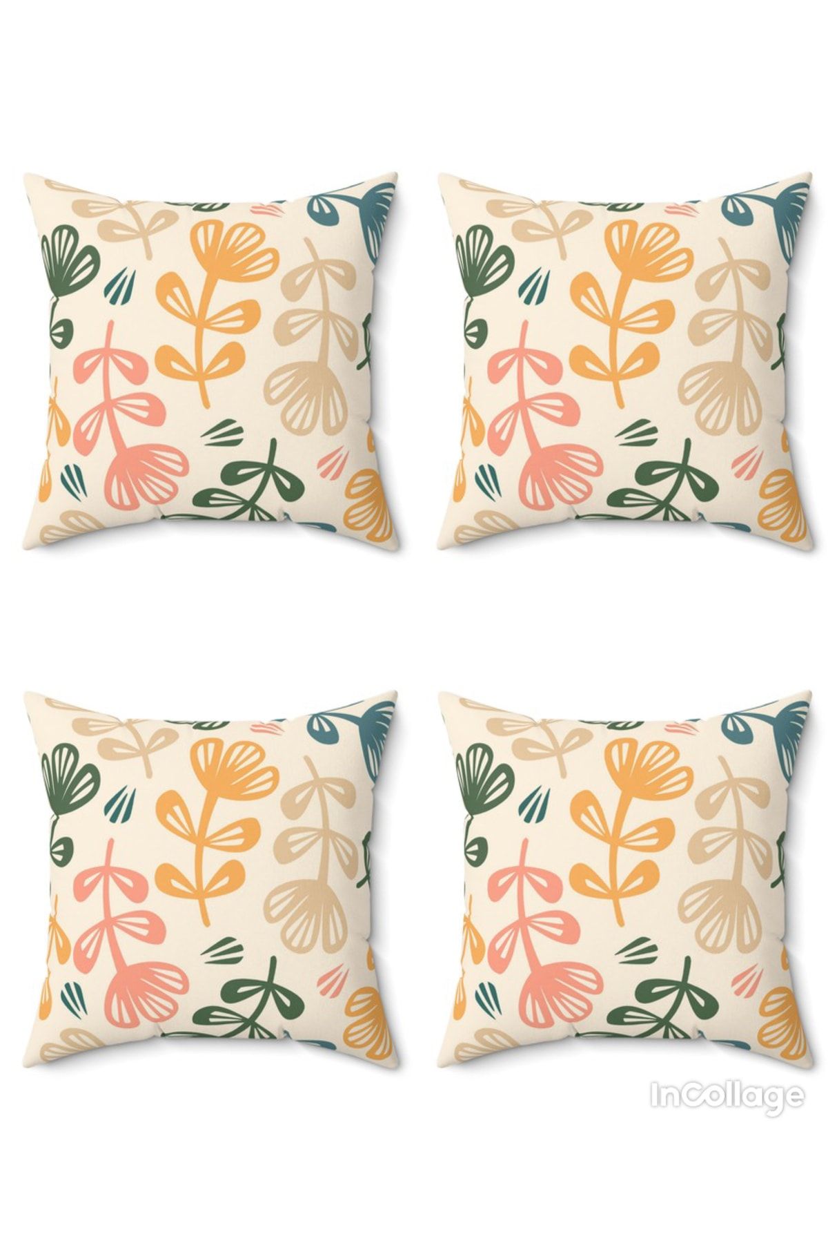 FUS BLUE-Modern Floral Patterned Decorative Set of 4 Throw Pillows and Pillowcases 1