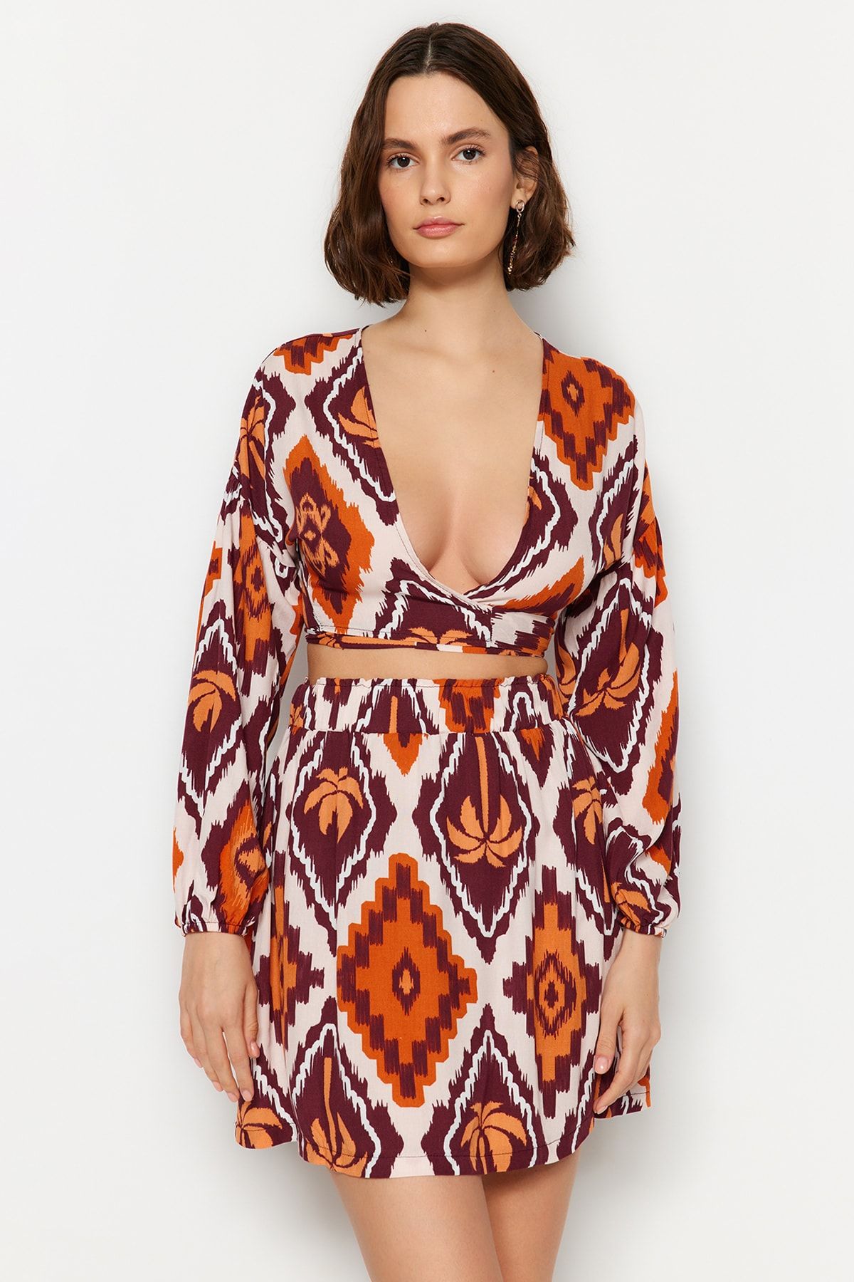 Trendyol Collection-Tropical Patterned Woven Tied Blouse Skirt Set TBESS23AU00090 3