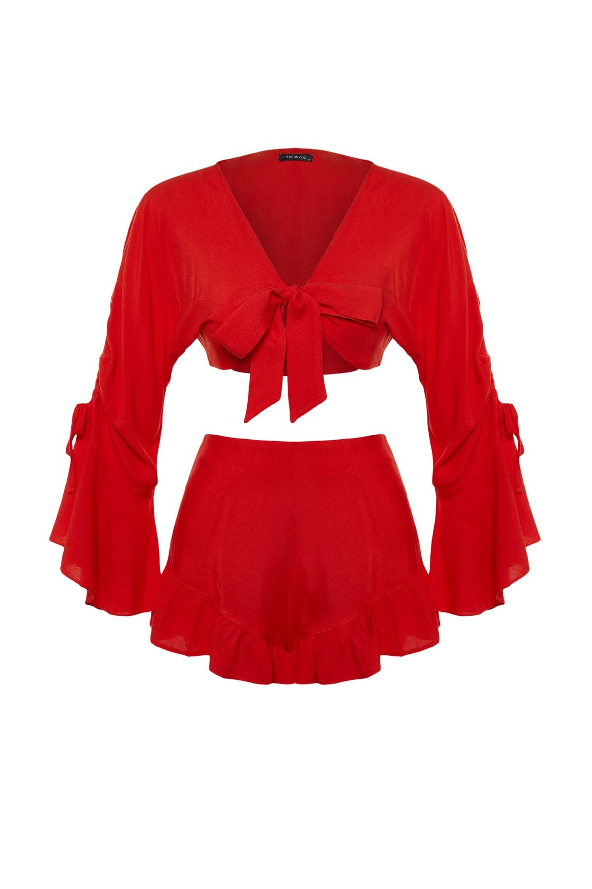 Trendyol Collection-Strand-Set aus gewebter Bluse und Shorts mit roten Rüschen – TBESS23AU00128 13